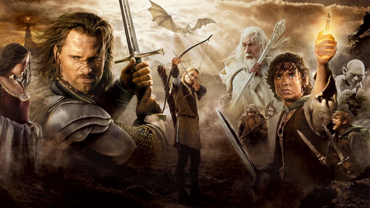 Film Lord of the Rings Frodo Elijah Wood Sam Sean Astin Gollum Legolas Aragorn Viggo Mortensen Gimli Gandalf Arwen Liv Tyler Swords eye Hobbits people Elves gnome wallpaperx1080