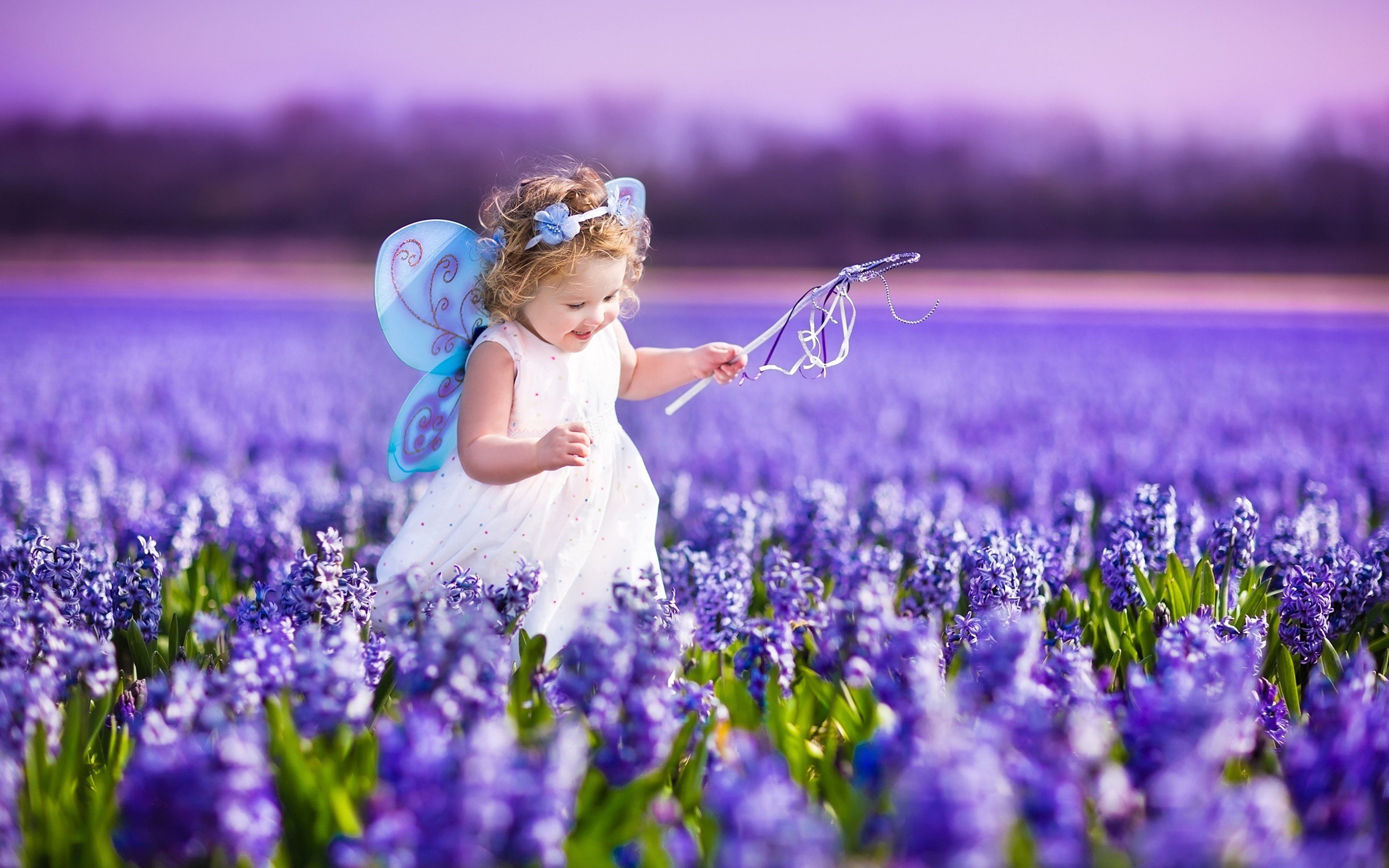 Wallpaper, 3840x2400 px, beauty, butterfly, childhood, children, Earth, fields, flowers, fun, girls, happy, Joy, kids, landscapes, nature, princess, purple, spring 3840x2400