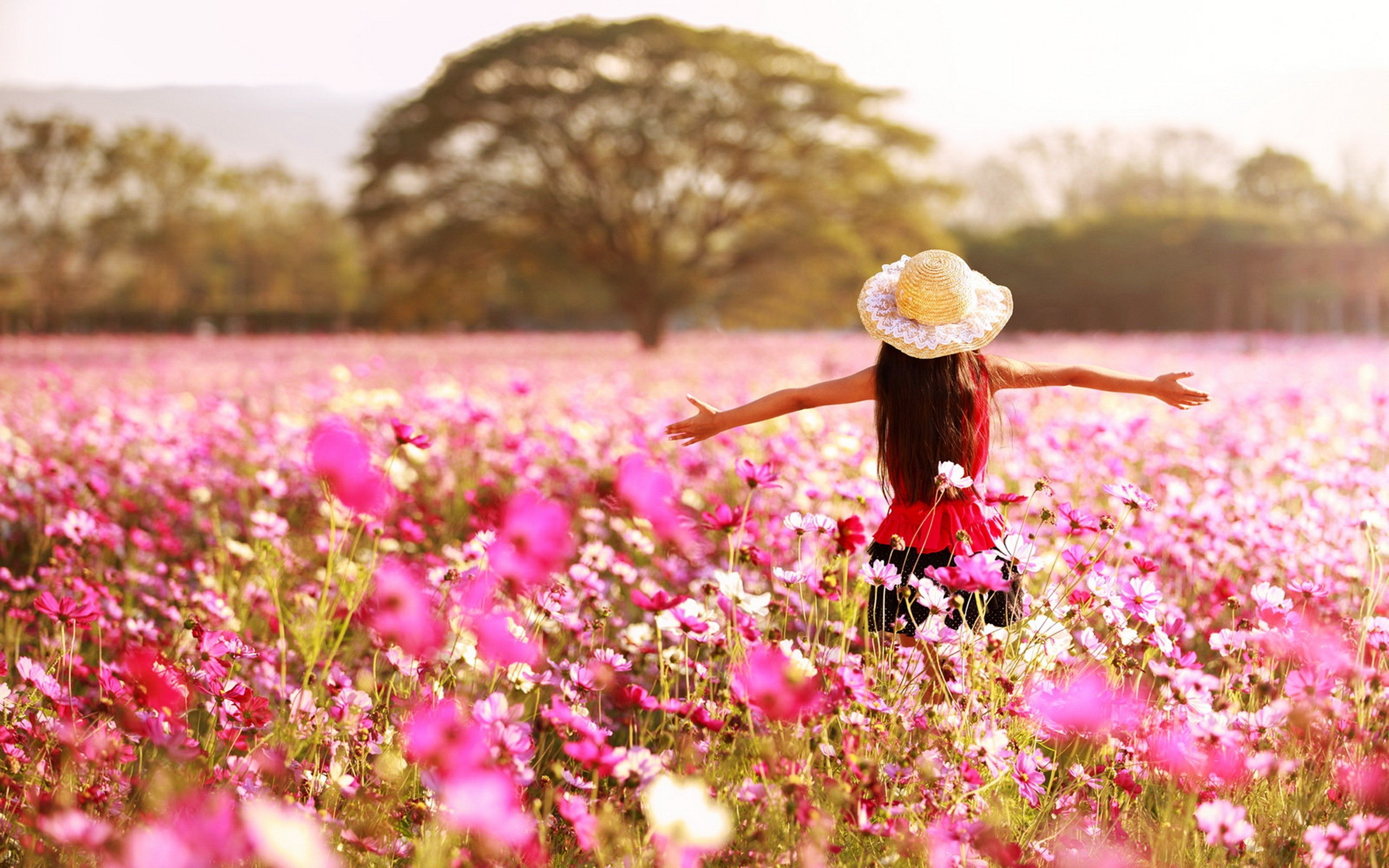 Wallpaper, 3840x2400 px, childhood, children, countryside, Earth, flowers, fun, girls, happy, Joy, kids, landscapes, life, nature, pink, rose, spring, trees 3840x2400