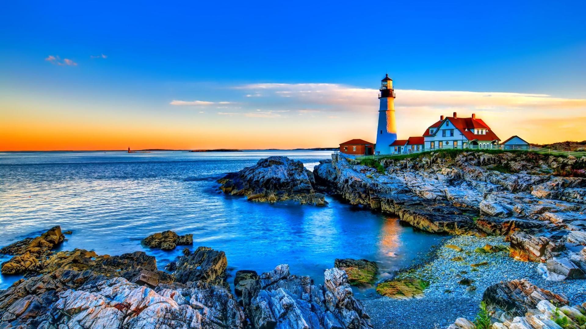 Gorgeous Lighthouse On A Rocky Shore Hdr HD Desktop Background wallpaper free. Landscape background, Rocky shore, Landscape