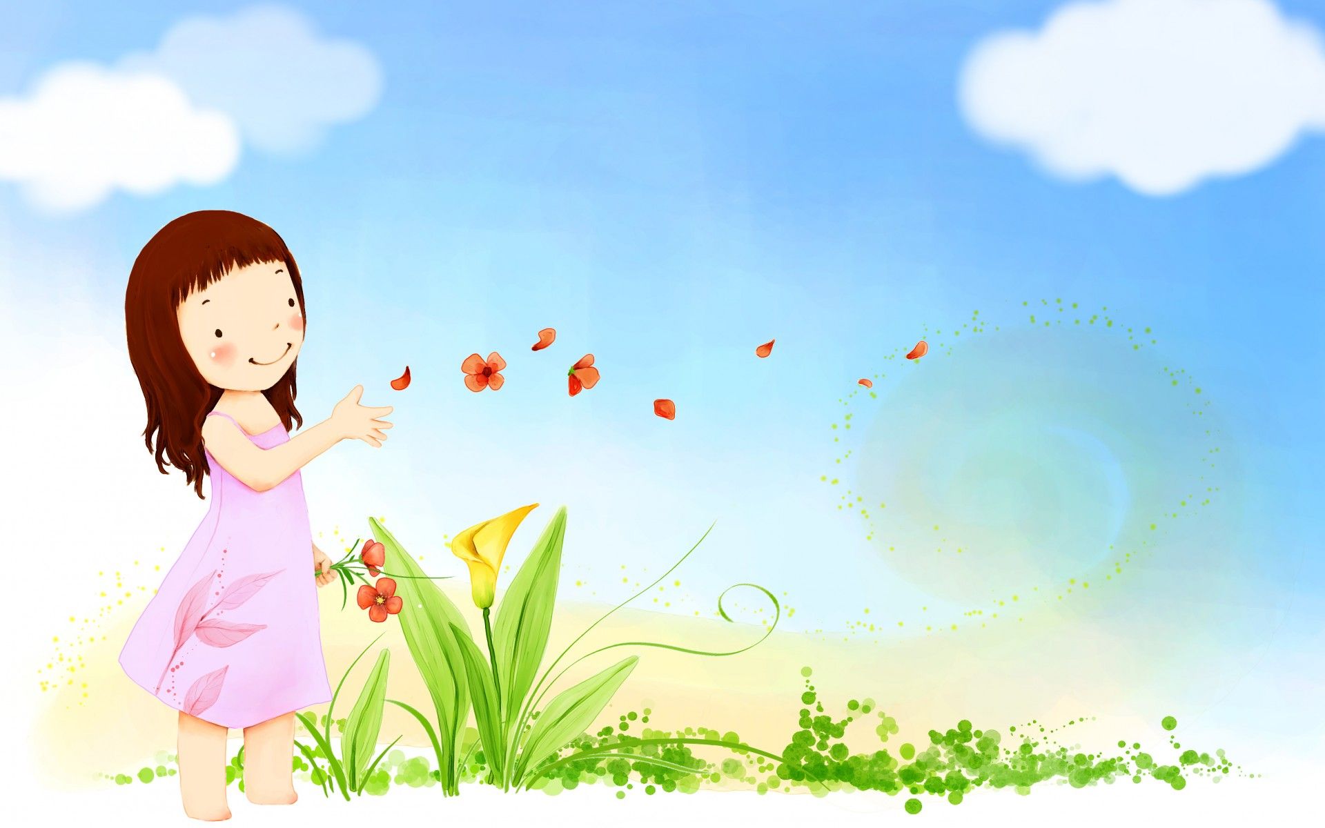 Wallpaper, 1920x1200 px, butterfly, children, clouds, cute, flowers, girl, happy, mood, sky, summer, vector 1920x1200