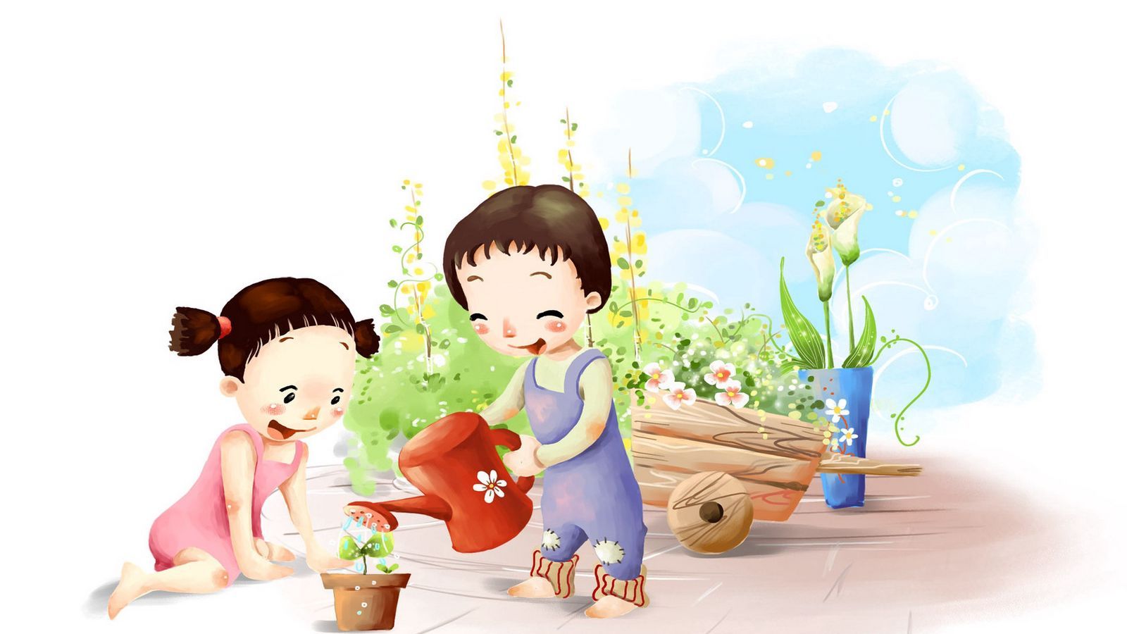 Download wallpaper 1600x900 flower, children, watering widescreen 16:9 HD background