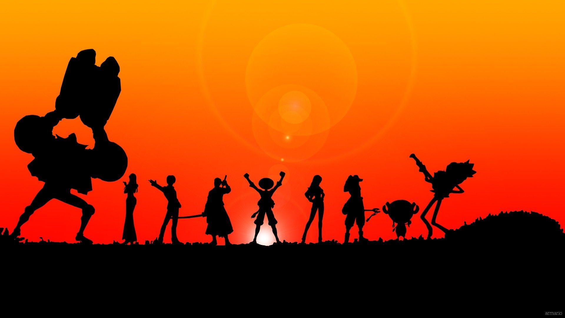 Wallpaper, illustration, sunset, anime, silhouette, One Piece, font 1920x1080