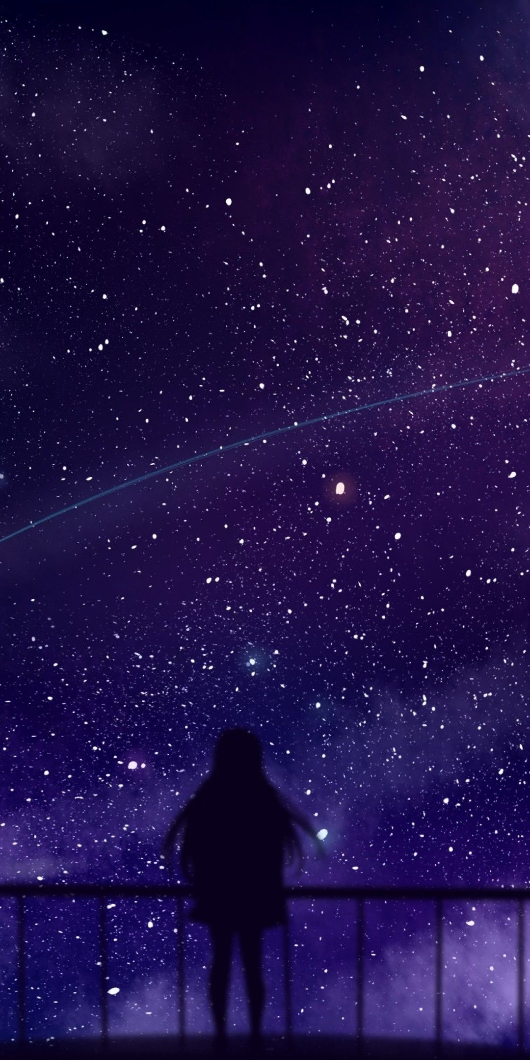 Download 1080x2160 Anime Girl, Stars, Clouds, Fence, Silhouette Wallpaper for Huawei Mate 10