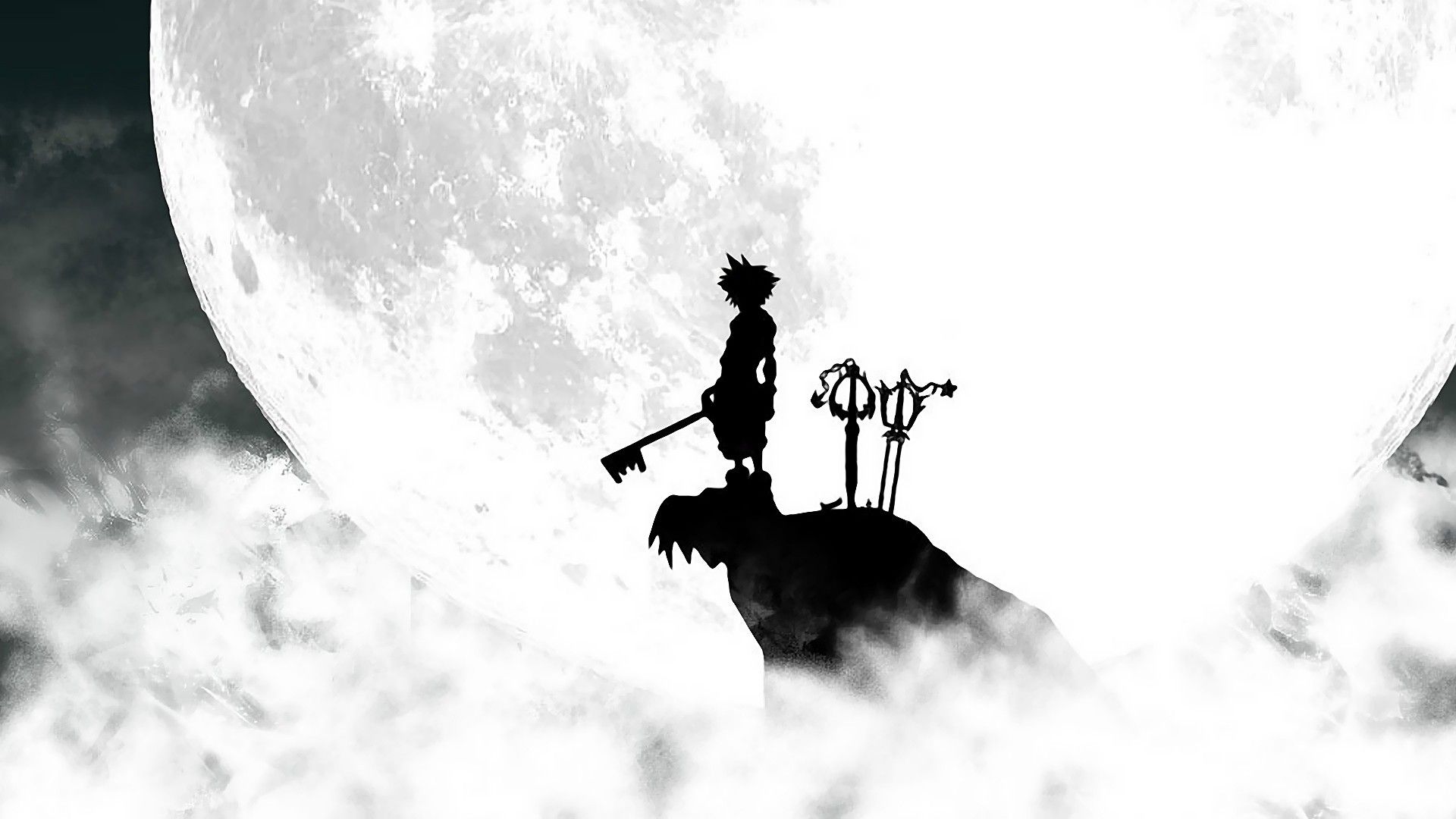 Wallpaper, video games, anime, silhouette, Kingdom Hearts, black and white, monochrome photography 1920x1080