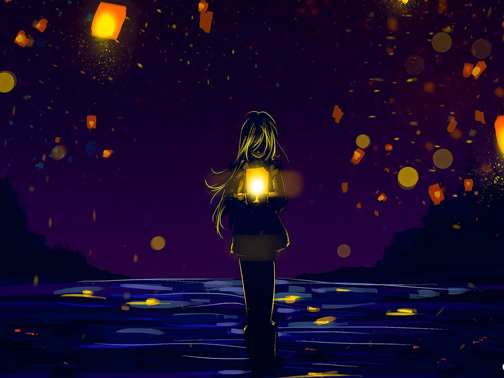 Desktop wallpaper anime girl, lanterns, silhouette, lonely, night out, HD image, picture, background, 0b24a8
