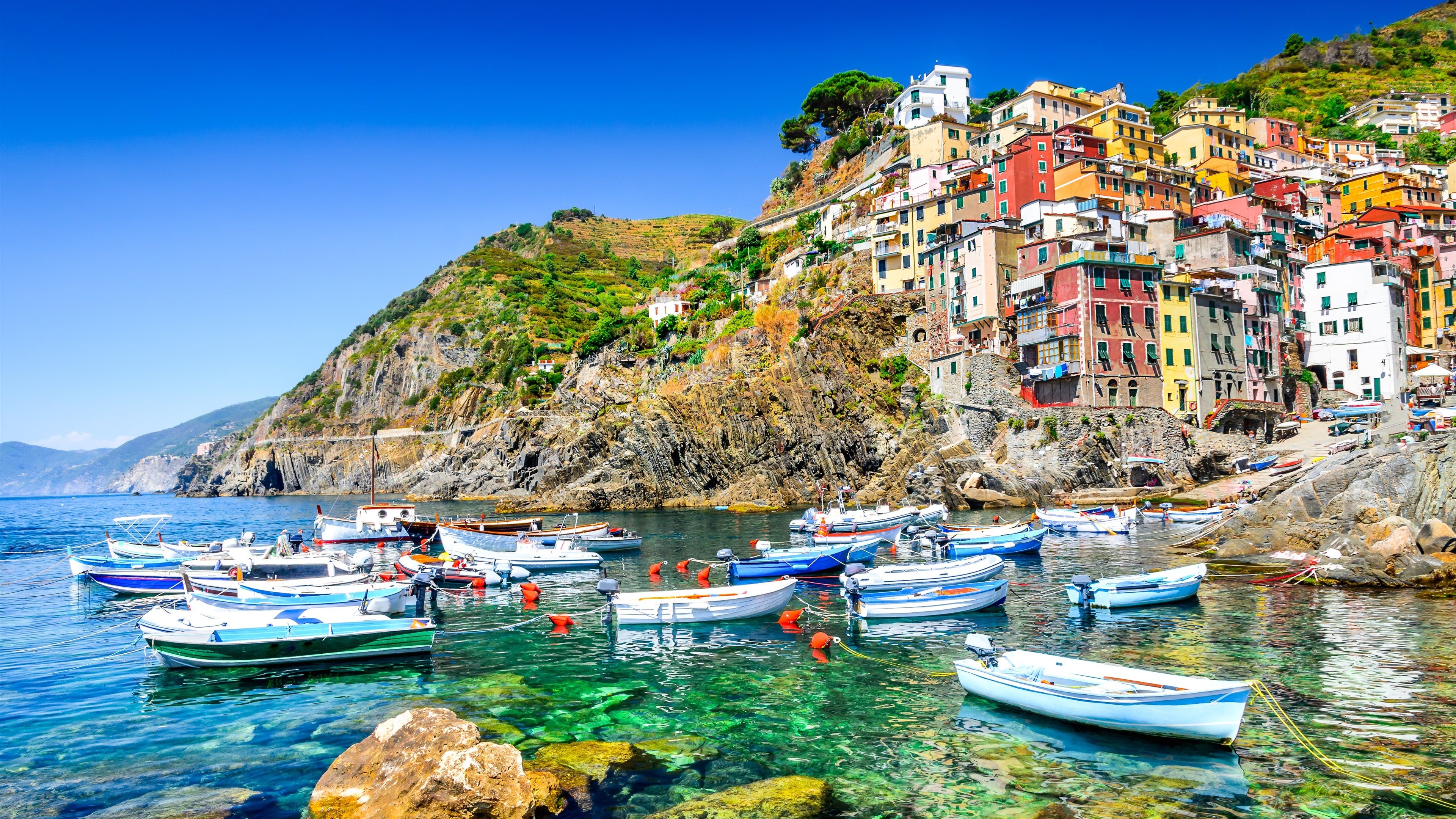 Wallpaper Italy, Riomaggiore, sea, coast, boats, houses 3840x2160 UHD 4K Picture, Image