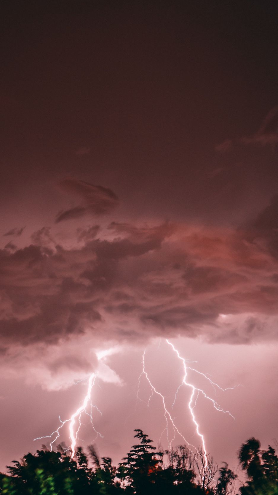 Download Wallpaper 938x1668 Lightning, Thunderstorm, Trees, Pink Iphone 8 7 6s 6 For Parallax HD Background