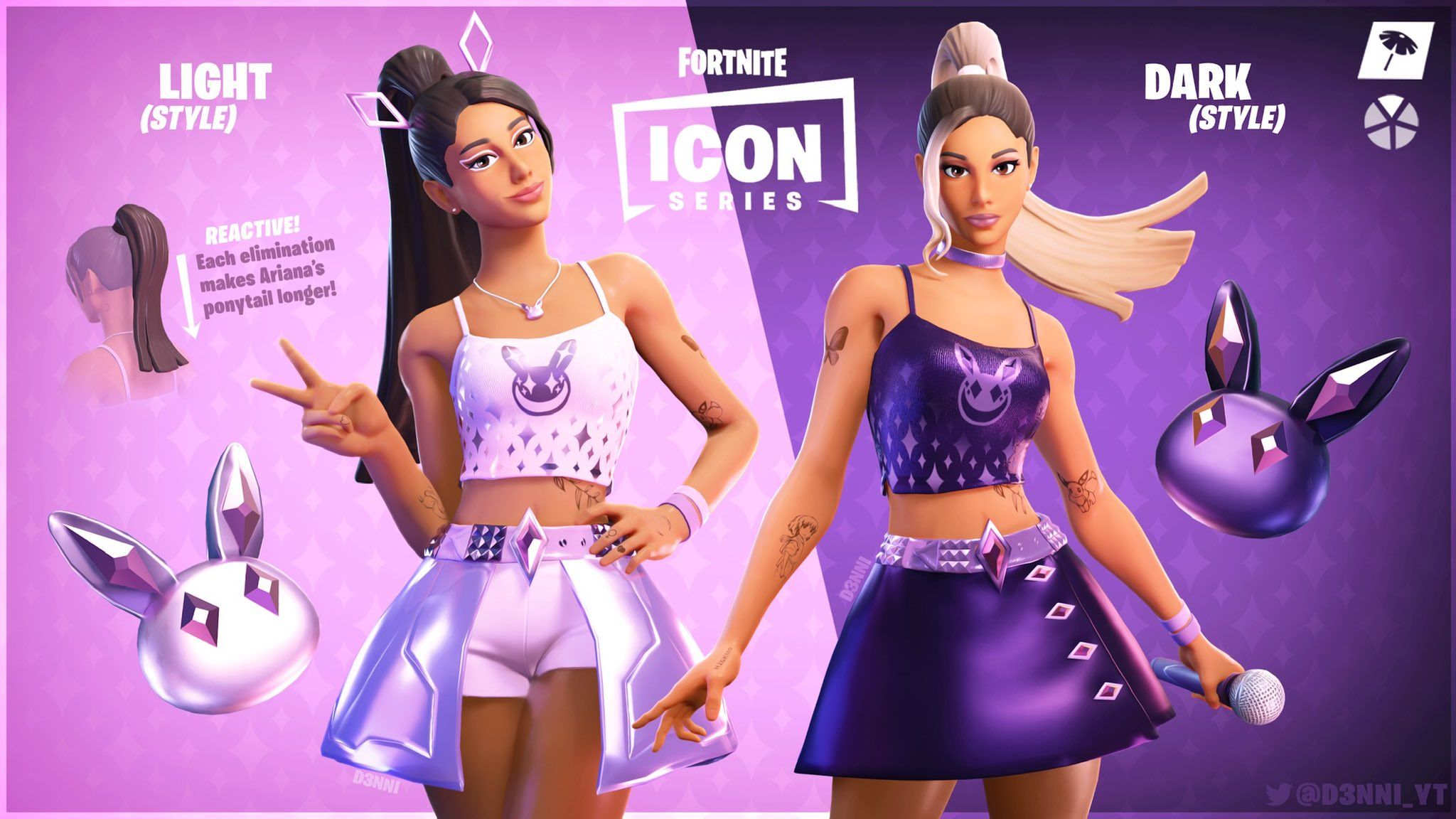 FortniteFanaticFan icon series skin which is arianagrande 2 styles, light (style) and (dark style). #fortnite #epicgames #icon #iconseries #arianagrande #skin styles #lightstyle #darkstyle #youtube #actress #nick #nickolodeon