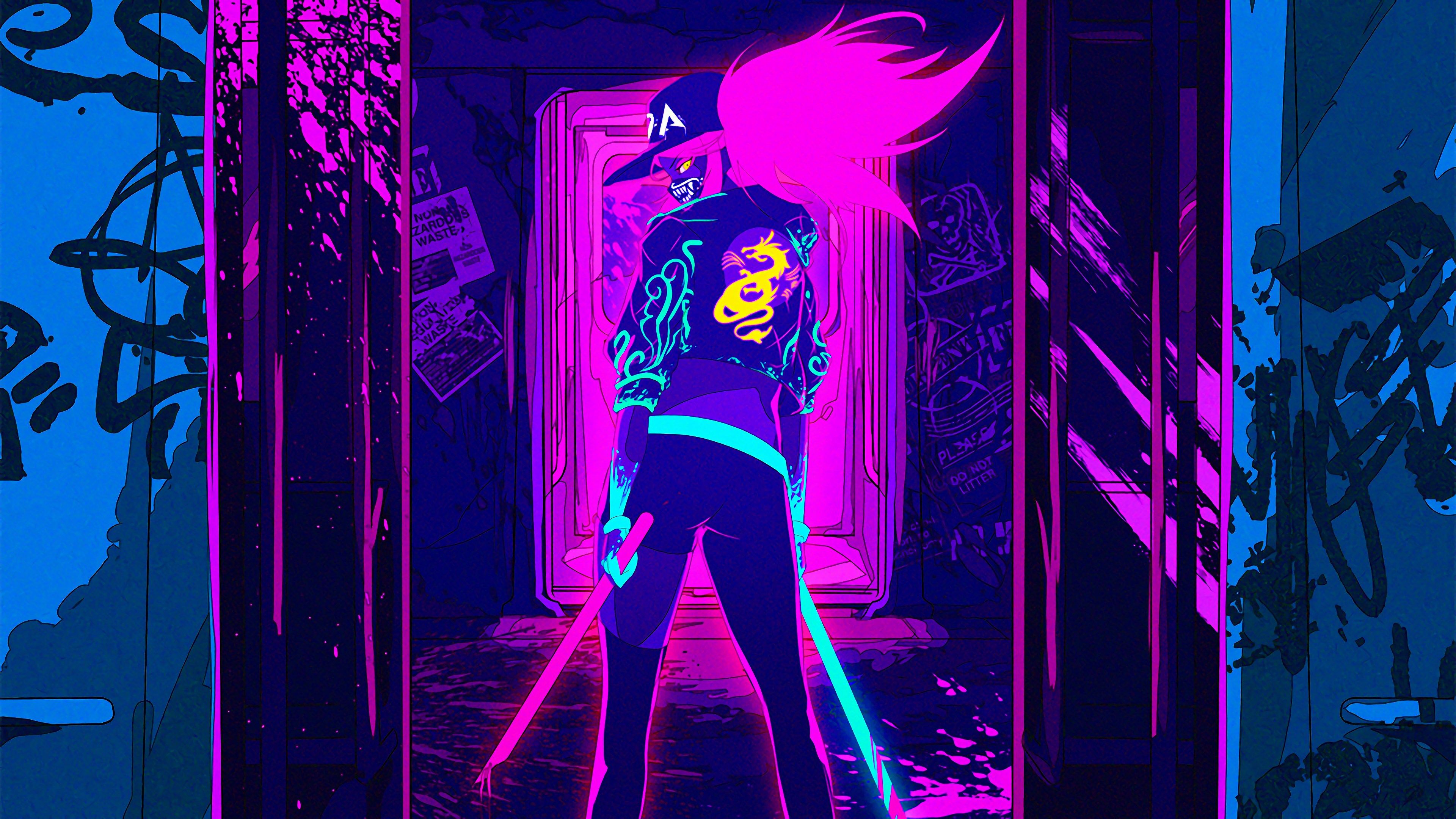 Wallpaper, cyberpunk, neon, 4k, pink, yellow, light blue, entertainment, game characters 3840x2160