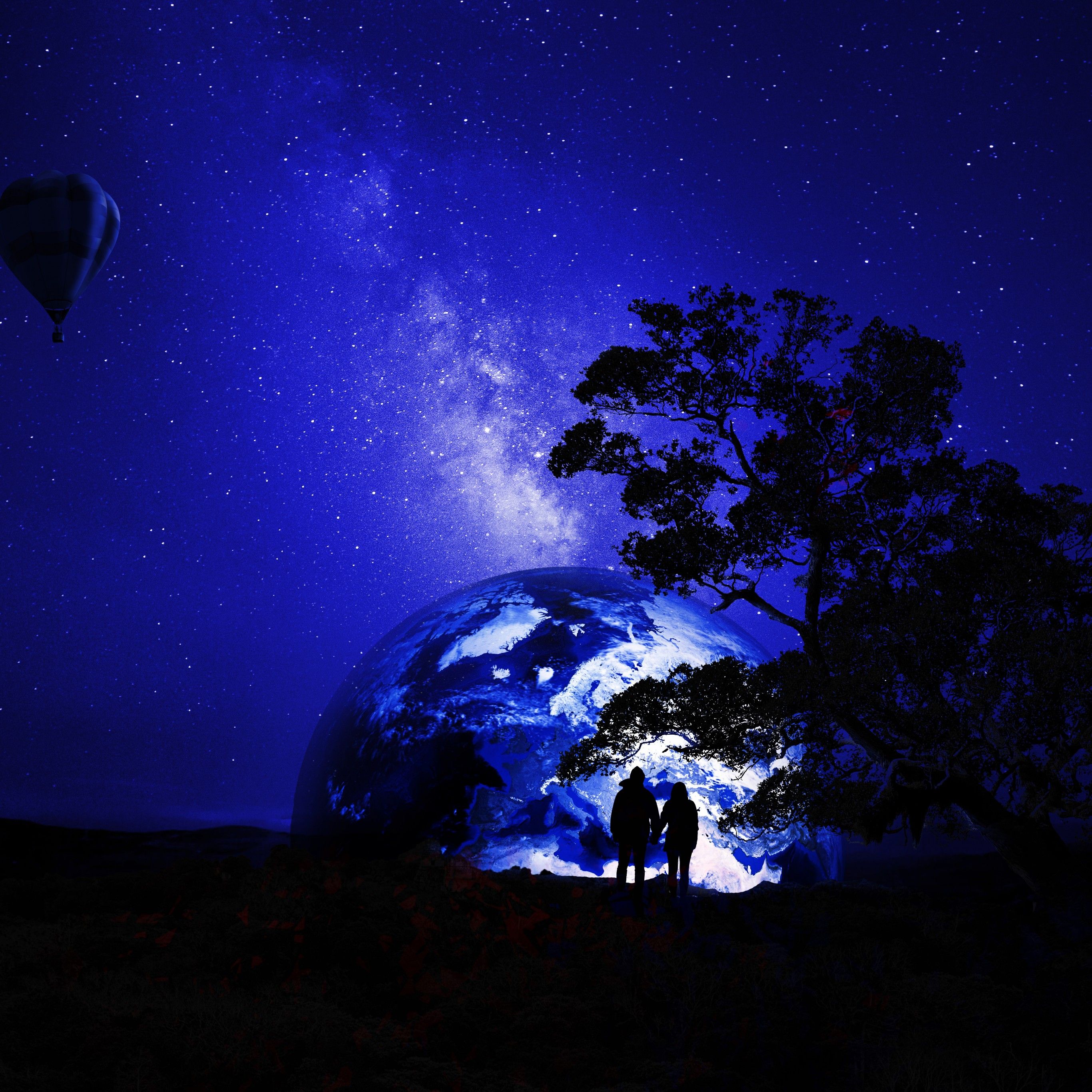 Couple 4K Wallpaper, Dream, Earth, Night, Silhouette, Together, Romantic, Starry sky, Fantasy