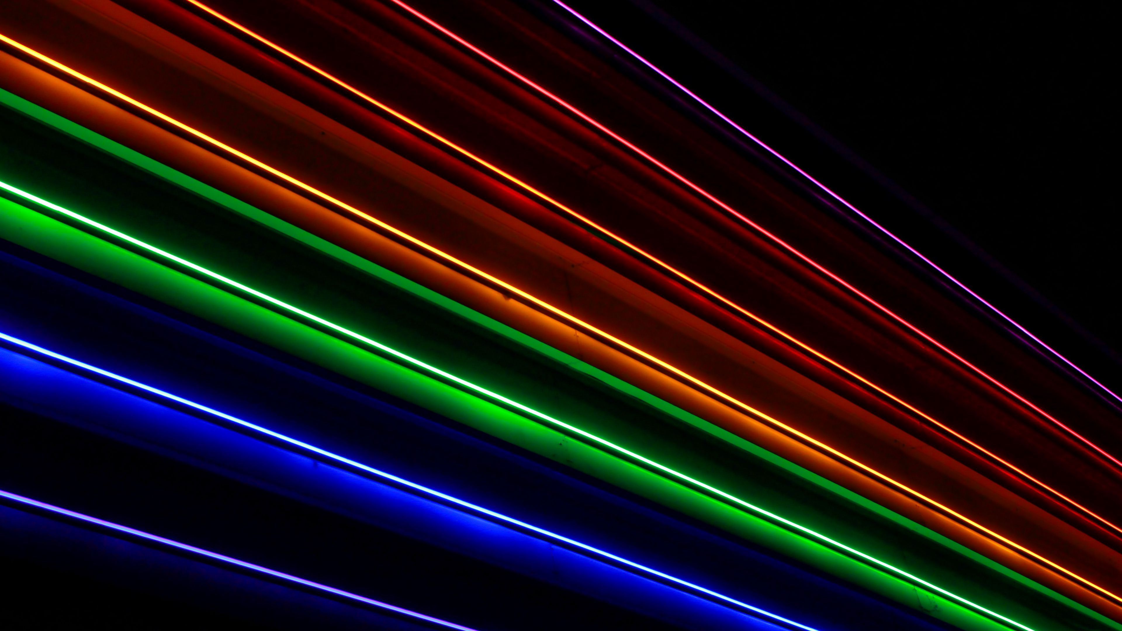 Download wallpaper 3840x2160 stripes, rainbow, neon, dark 4k uhd 16:9 HD background