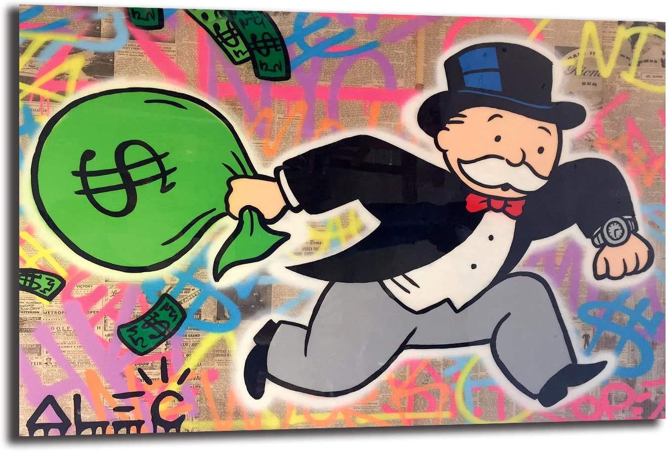 Monopoly Man Running With Money Bag Graffiti Street Art Canvas Painting Pos...