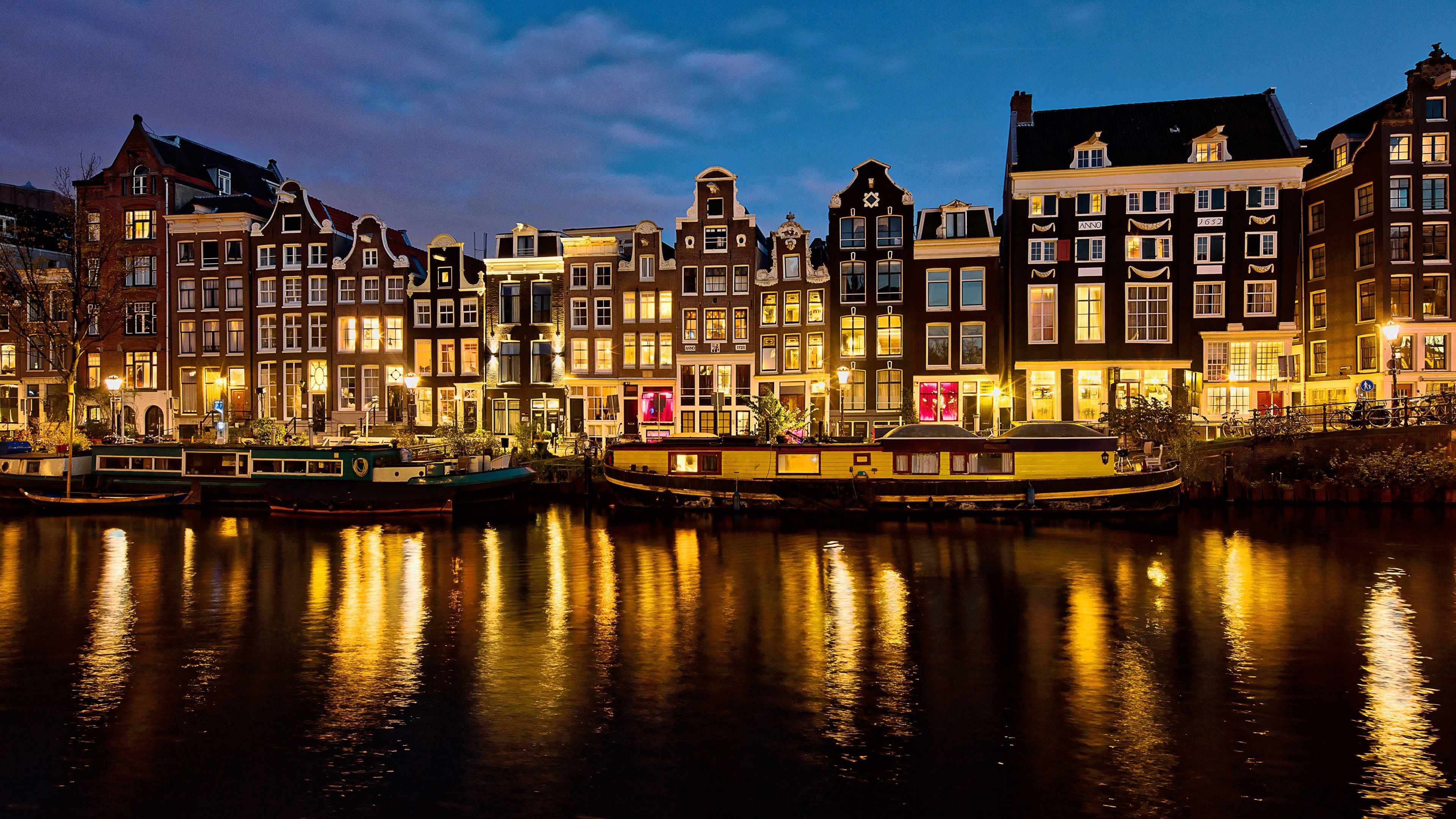 Wallpaper Netherlands, Amsterdam, houses, river, lights, night 3840x2160 UHD 4K Picture, Image