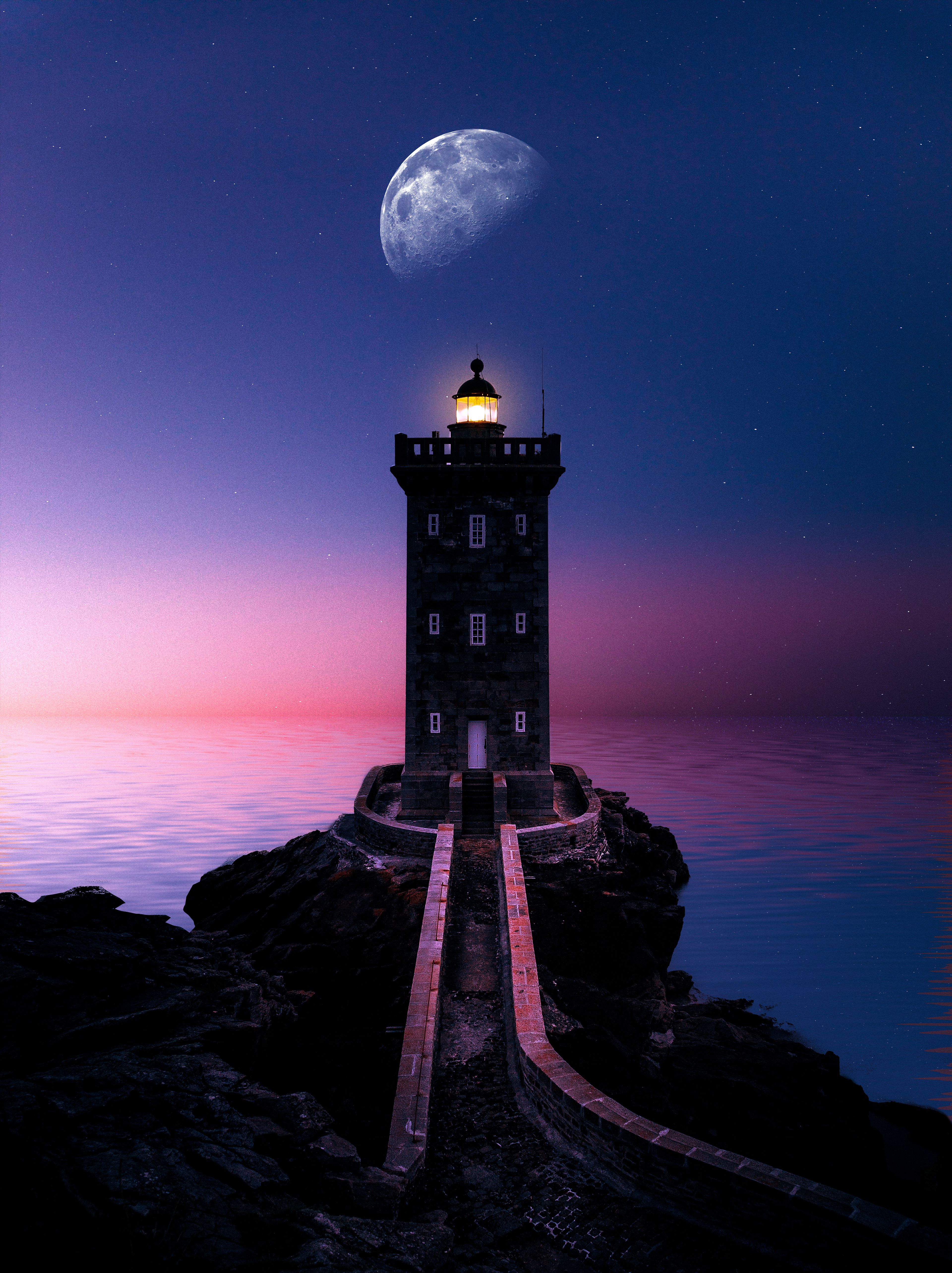 Lighthouse 4K Wallpaper, Moon, Sunset, Evening, Photography