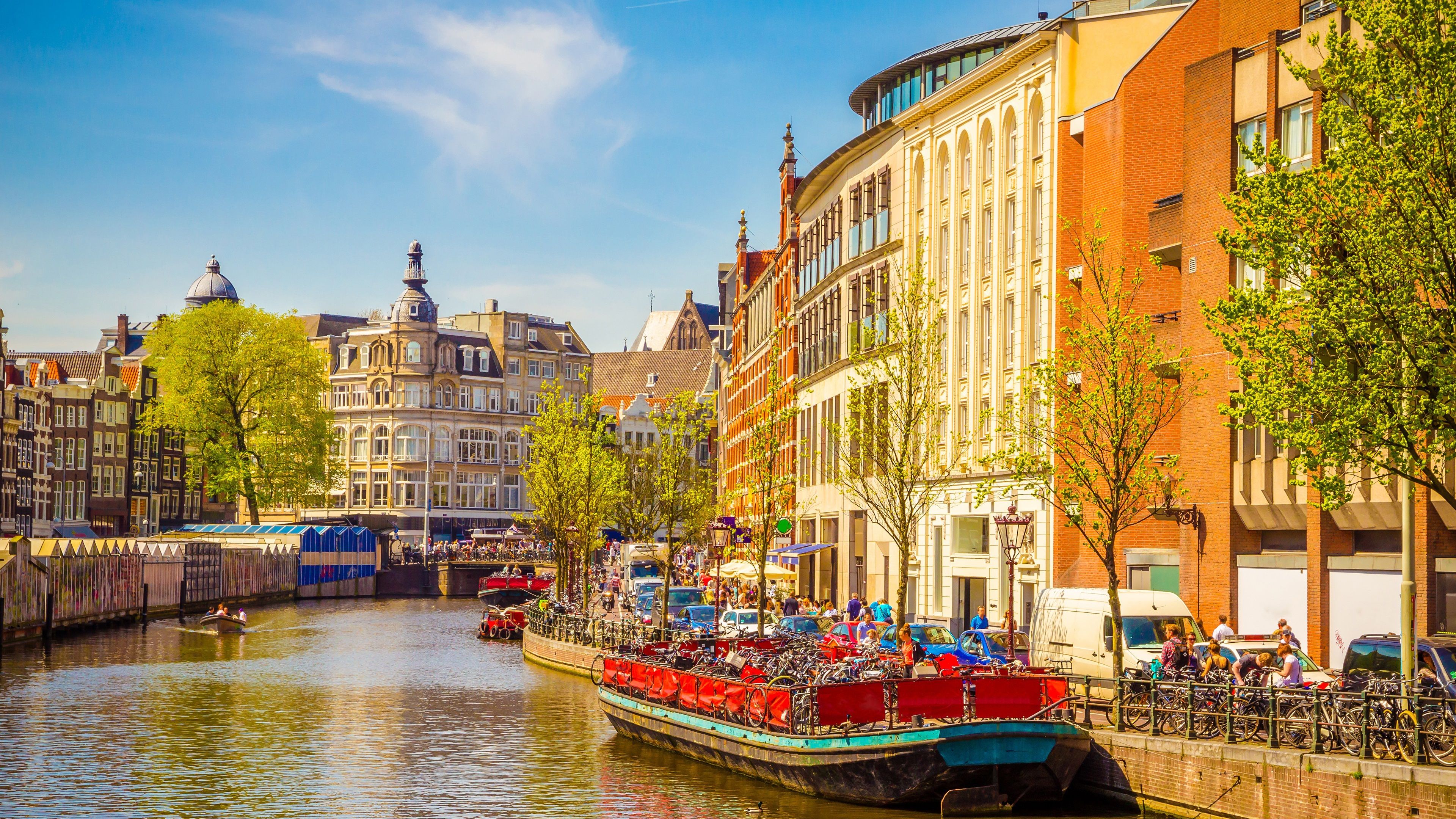 Wallpaper Netherlands, Amsterdam, trees, river, boat, buildings 3840x2160 UHD 4K Picture, Image