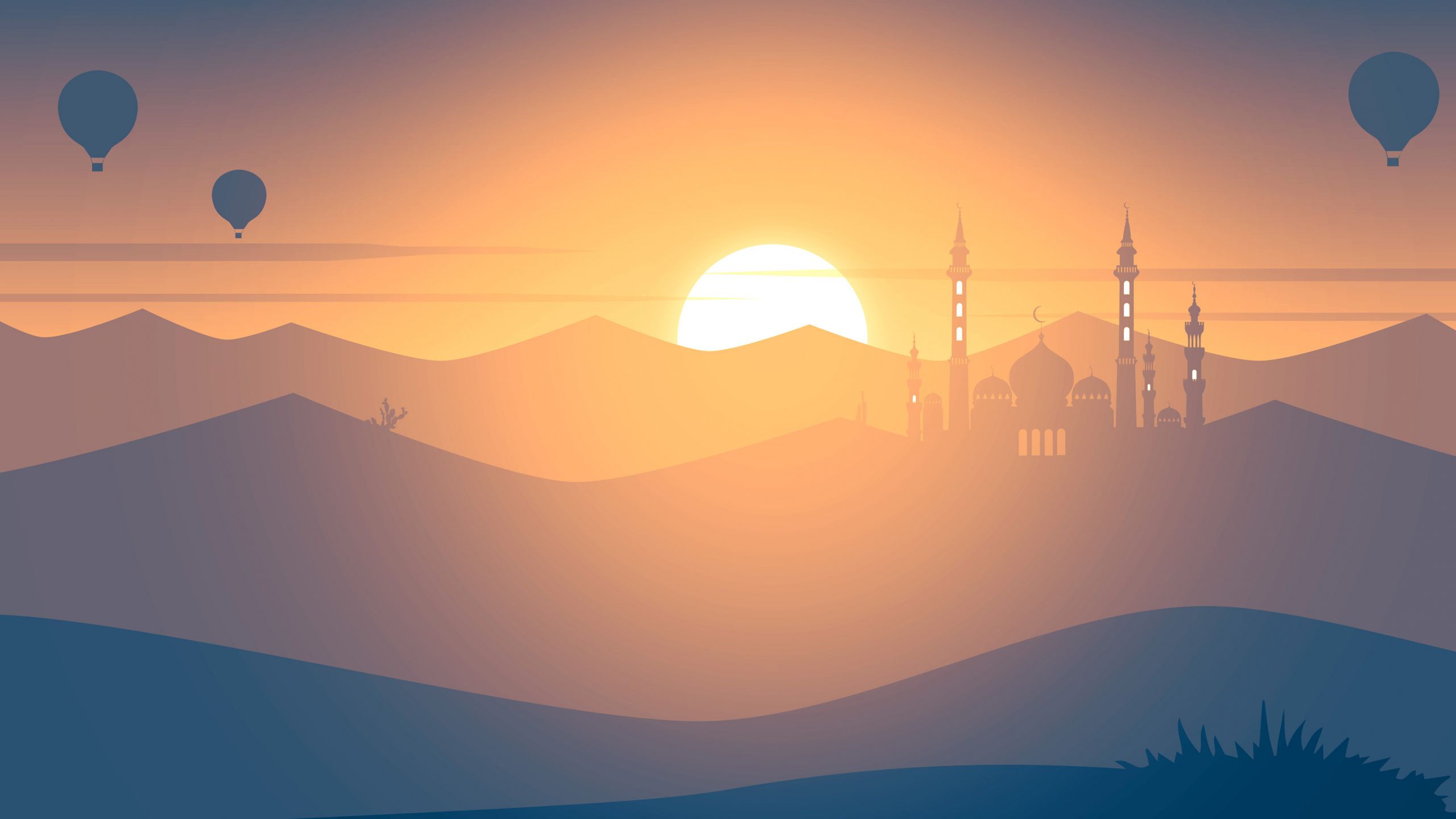 Desktop Wallpaper Sunset, Mosque, Hot Air Balloons, Landscape, Minimal, 4k, HD Image, Picture, Background, 34dfa2