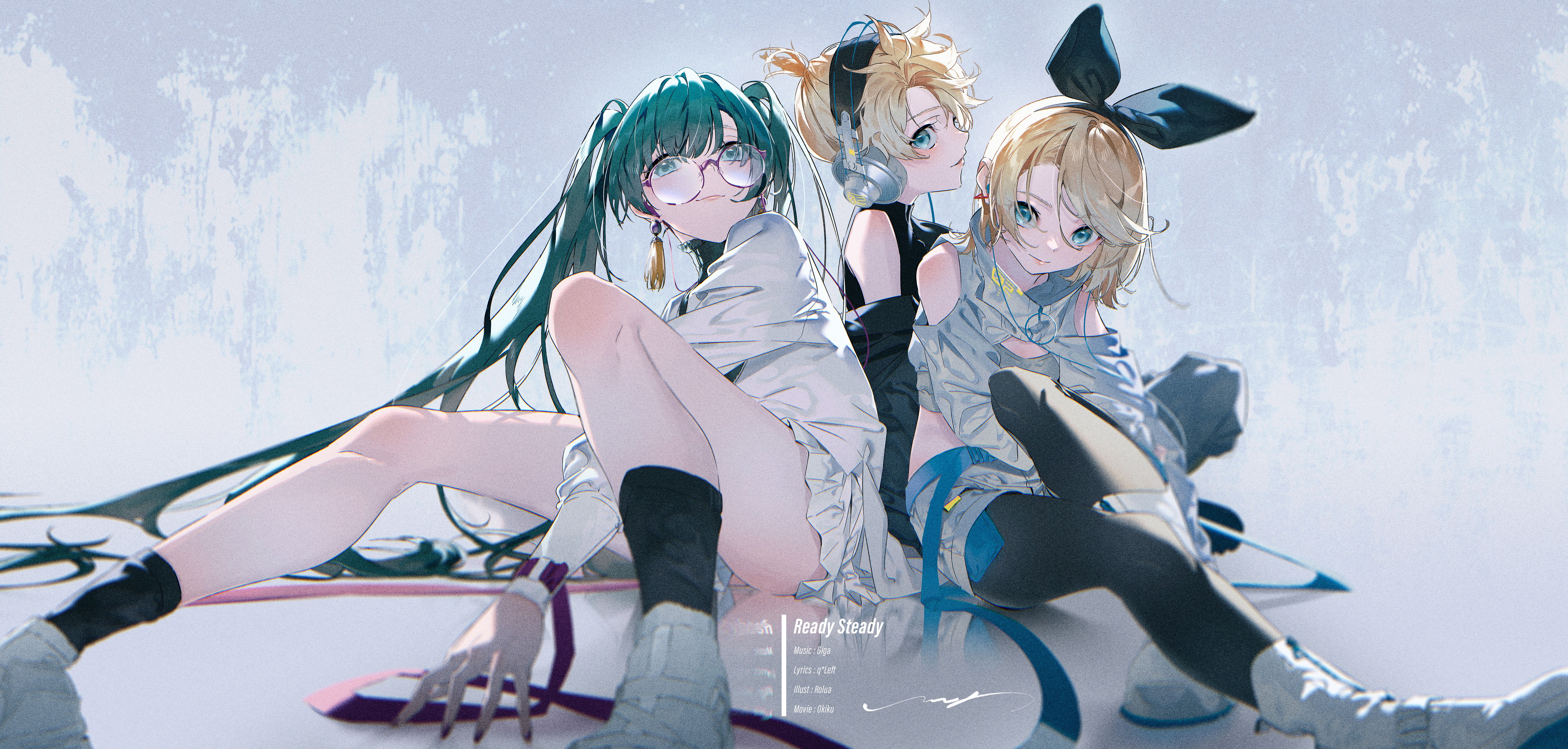 Anime Girls Rolua Noa Hatsune Miku Anime Blue Eyes Glasses Legs Sitting Women Trio Blue Hair Blonde Wallpaper:8370x4000