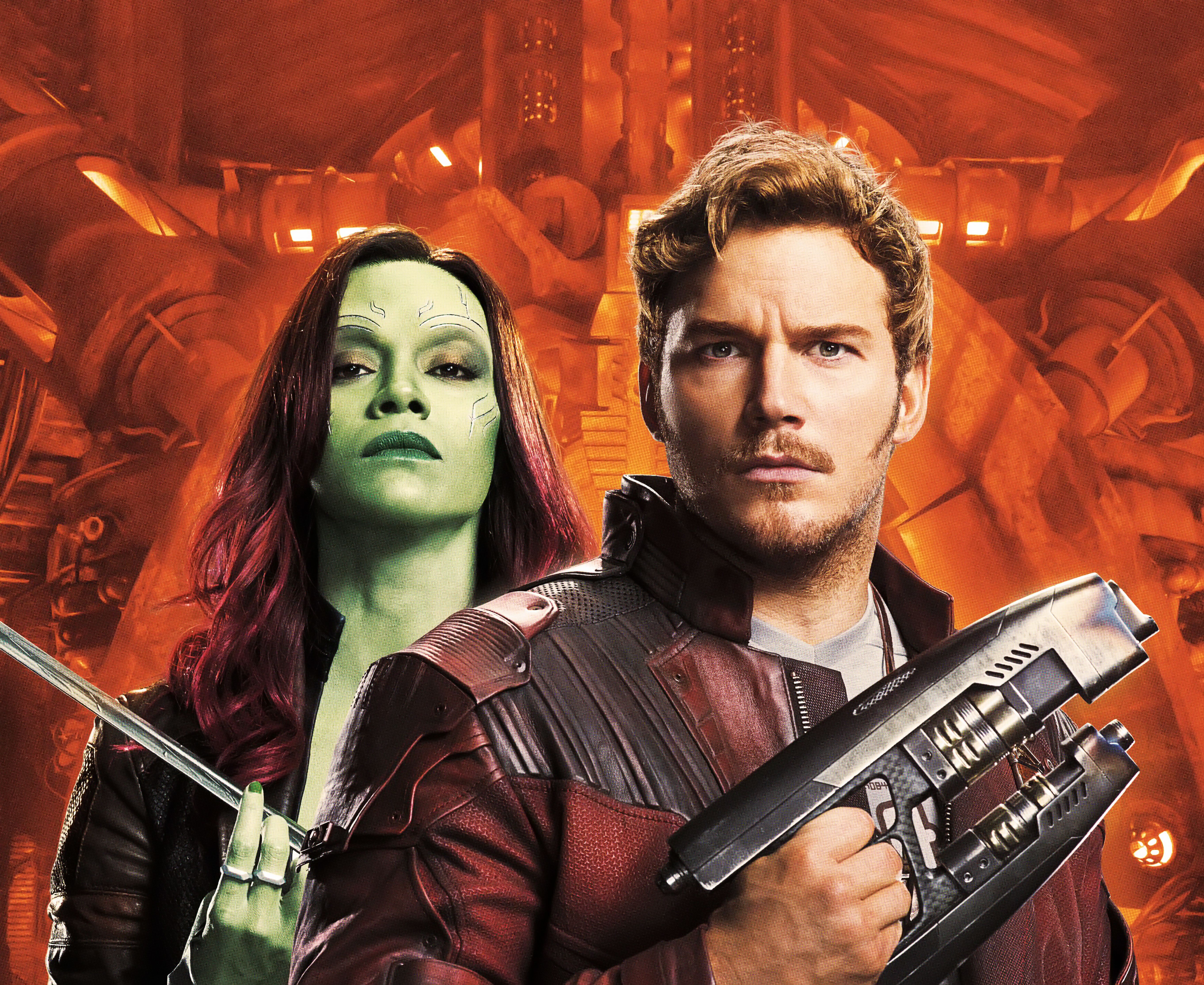 Chris Pratt Gamora Guardians Of The Galaxy Vol 2 Peter Quill Star Lord Zoe Saldana Wallpaper:5450x4460