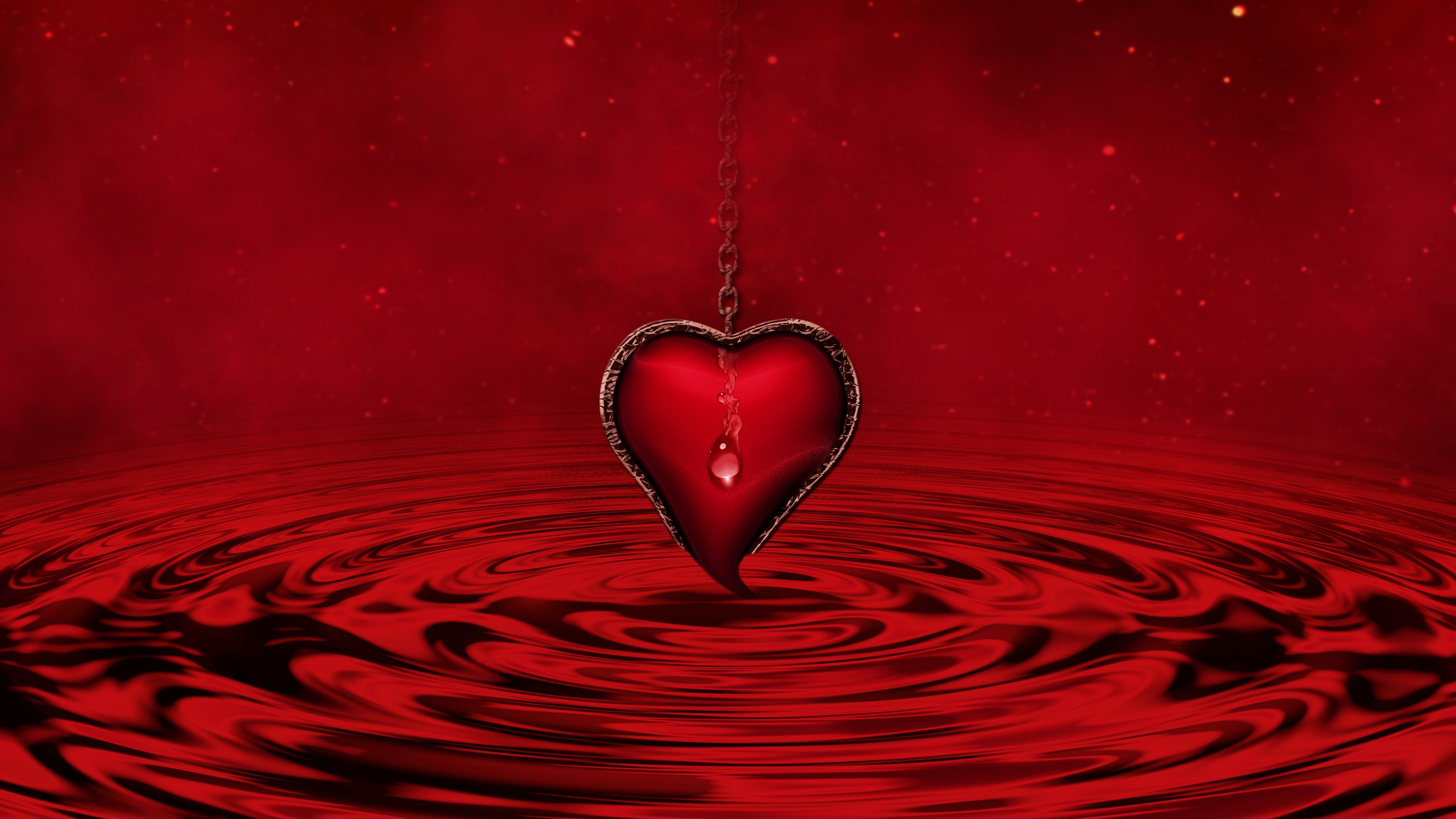 Red heart 4K Wallpaper, Water, Red background, Stars, Waves, Chain, 5K, Love