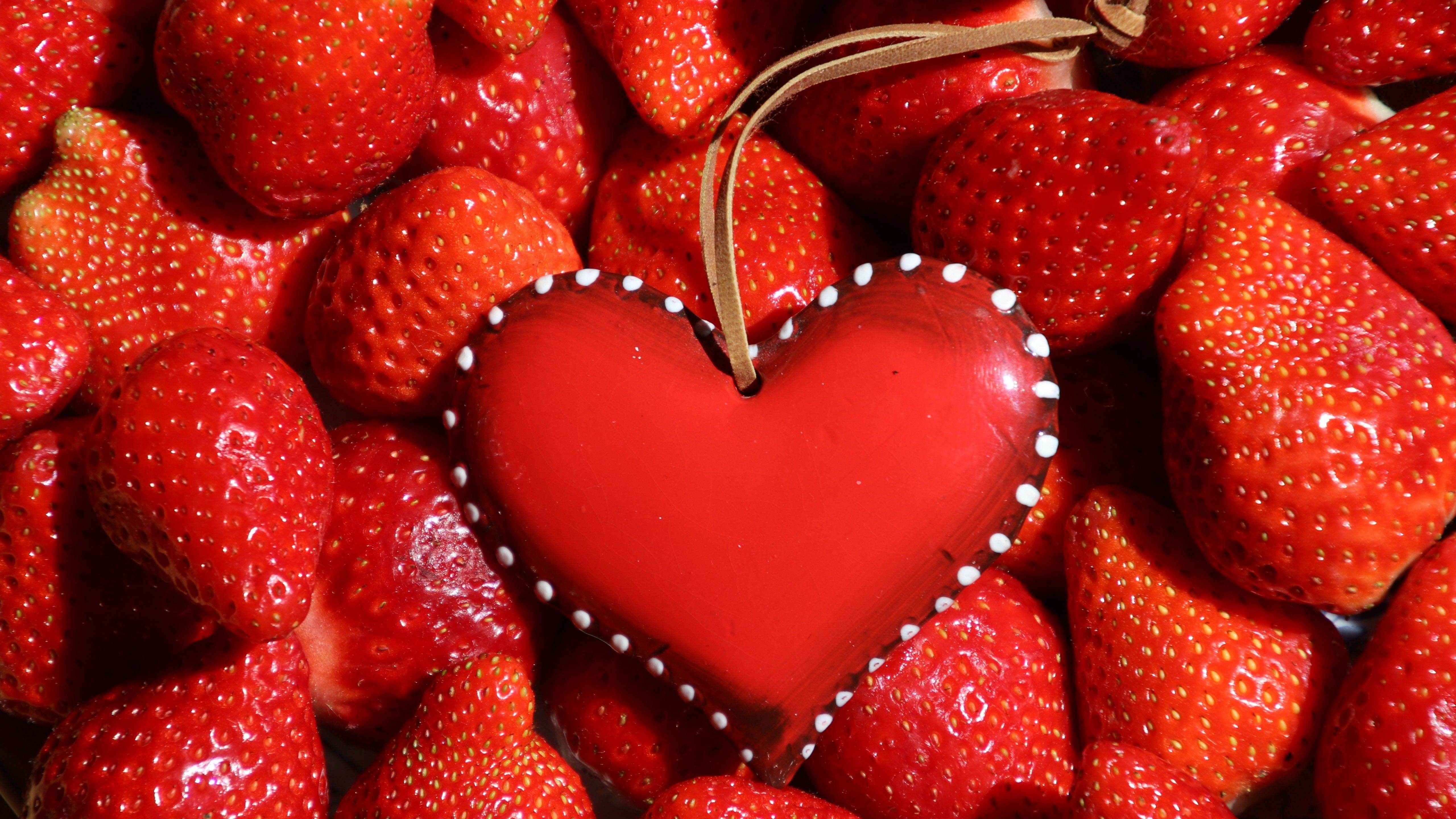 Red heart 4K Wallpaper, Strawberries, Fruits, Fresh, Red background, 5K, Food