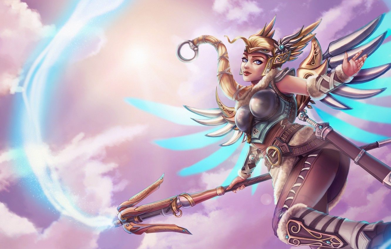 Wallpaper the sky, girl, clouds, wings, goddess, fan art, Valkyrie, overwatch, Mercy image for desktop, section игры