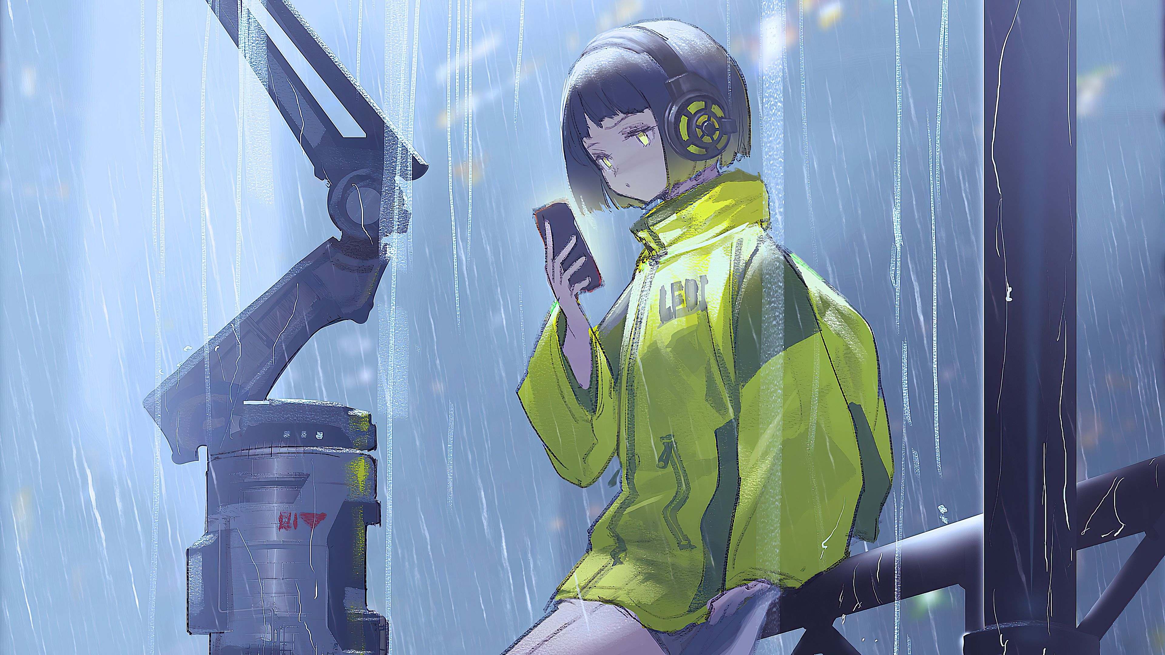 Anime Girl Holding a Umbrella in Rainy
