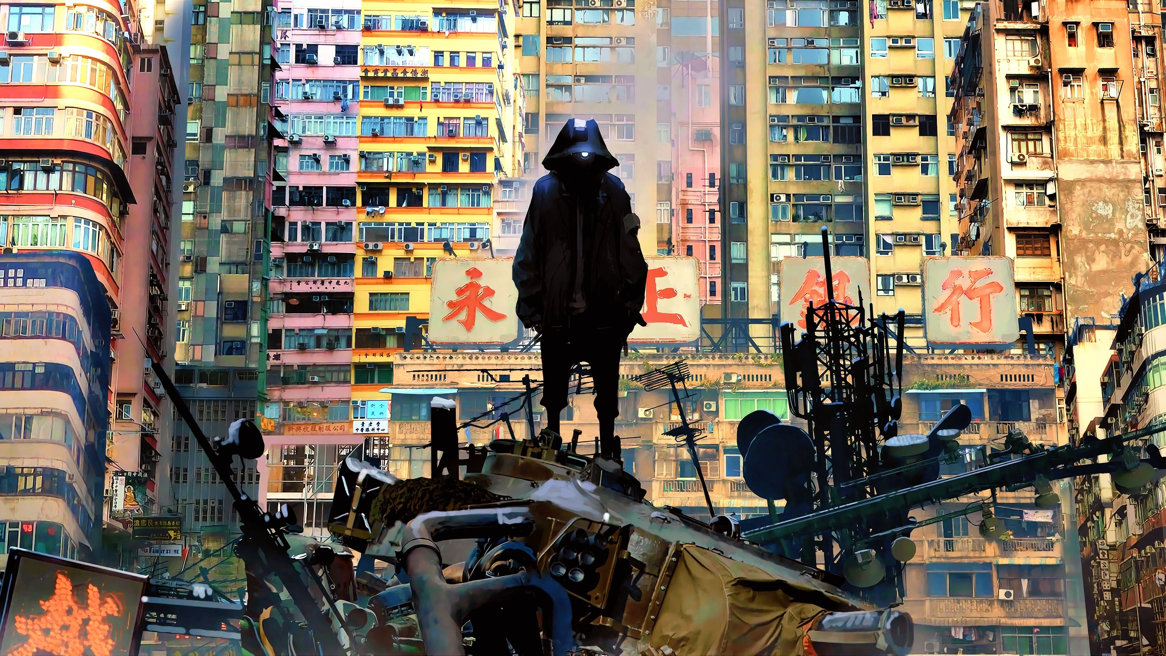 Download 3840x2160 wallpaper cityscape, cyberpunk, man in hood, art, 4k, uhd 16: widescreen, 3840x2160 HD image, background, 22640