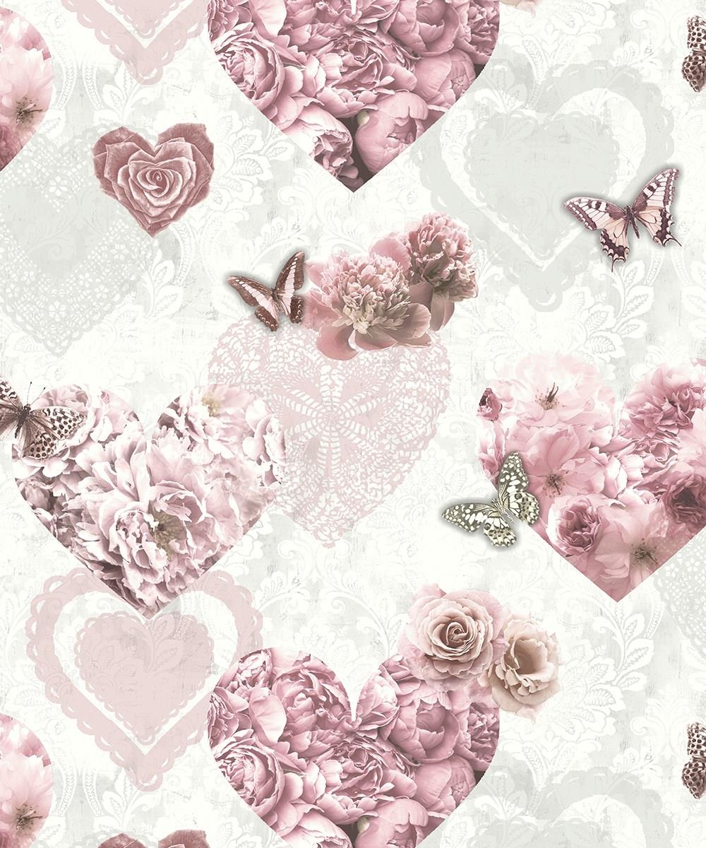 Arthouse Pink White Floral Glitter Wallpaper Butterflies Hearts Girls Flowers