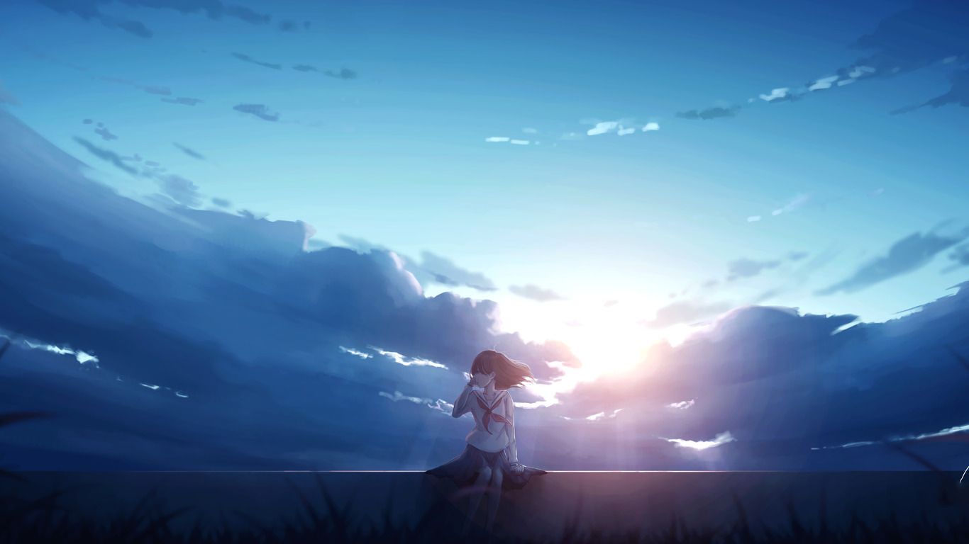 Anime Girl Alone Sitting 1366x768 Resolution HD 4k Wallpaper, Image, Background, Photo and Picture