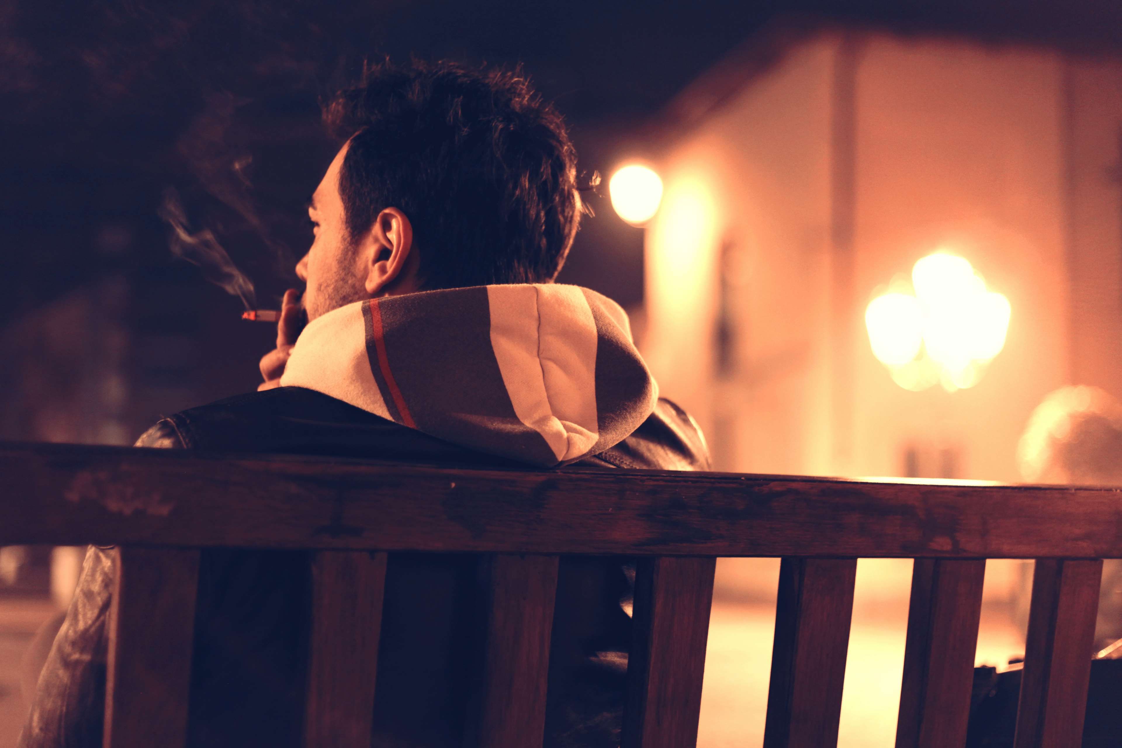 adult, alone, bench, cigarette, lonely, man, night, person, sitting, smoke, smoker, smoking, solitary 4k wallpaper