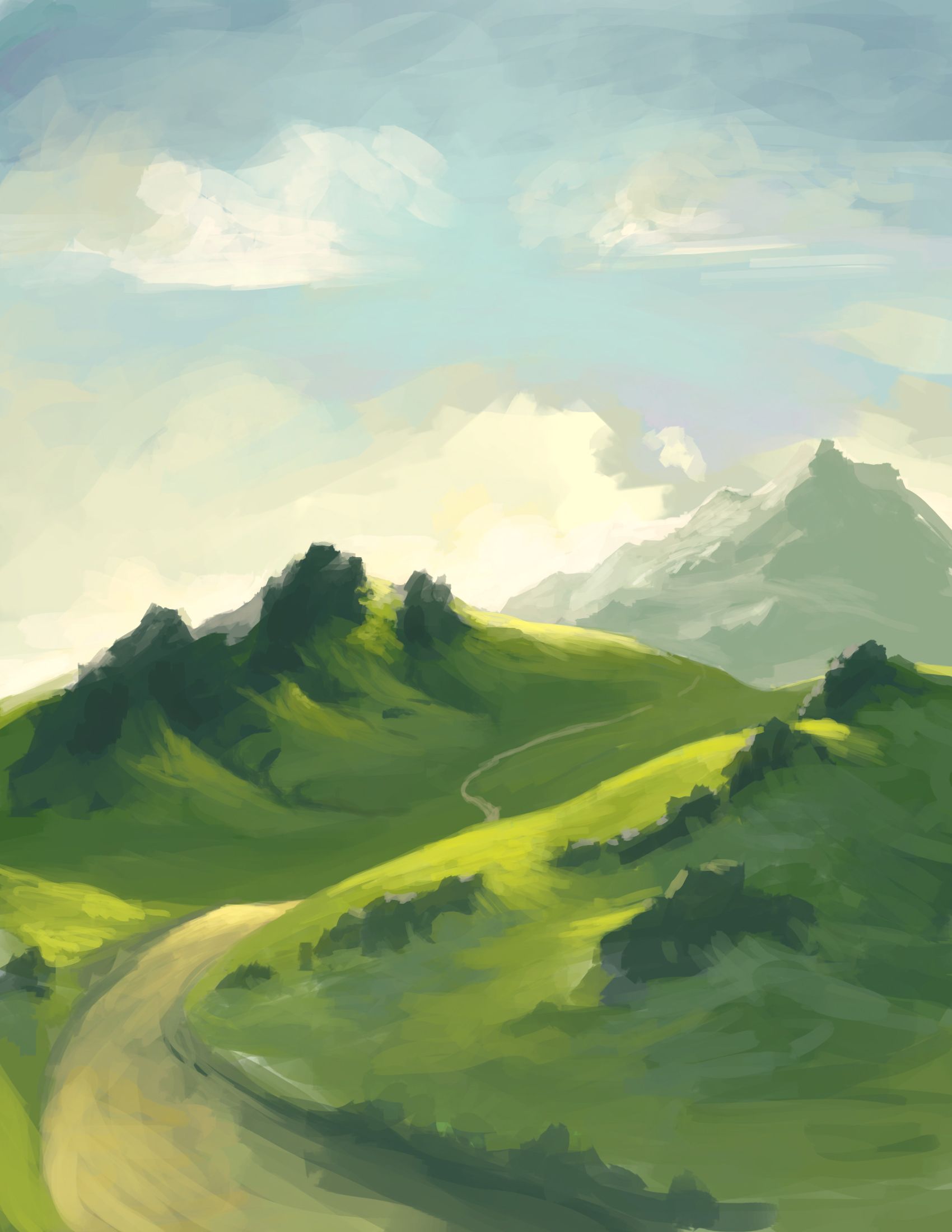 Рис холмы. Цифровая живопись пейзаж. Пейзаж рисунок. Пейзаж холмы. Картина горы.