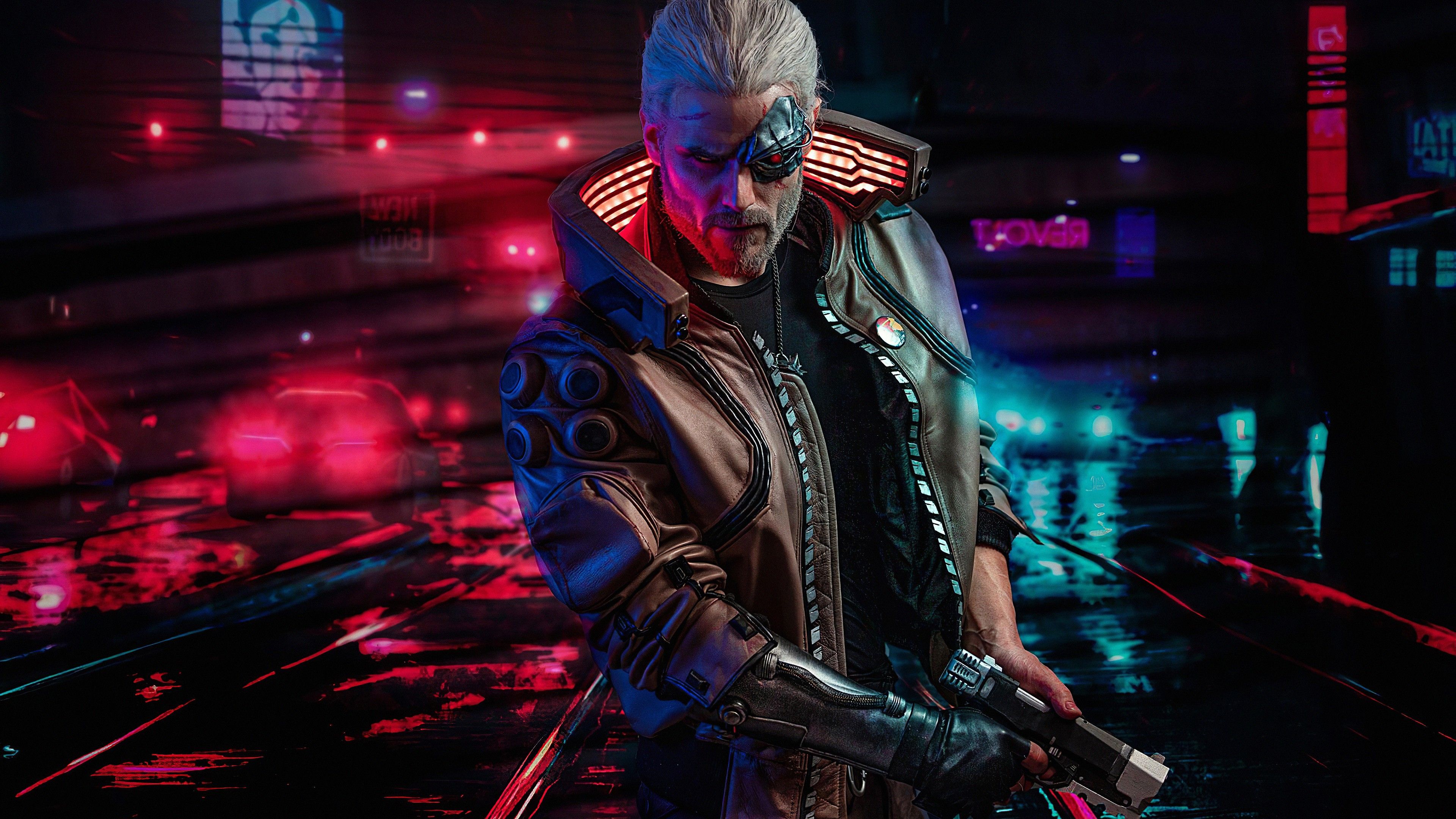 Cyberpunk 2077 4K Wallpaper, Geralt of Rivia, The Witcher, Graphics CGI