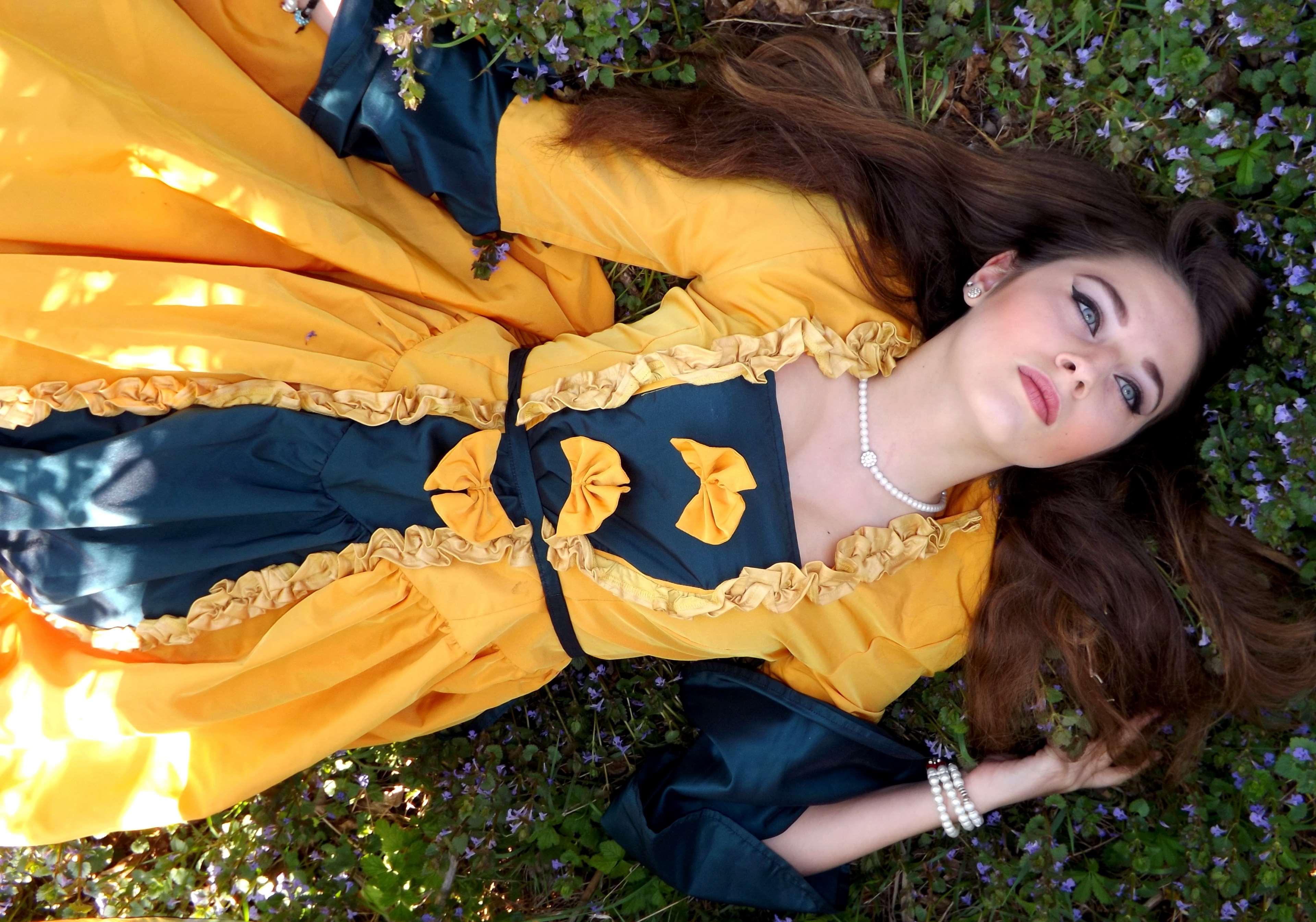 beautiful, dress, flowers, girl, gown, lying down, model, woman 4k wallpaper