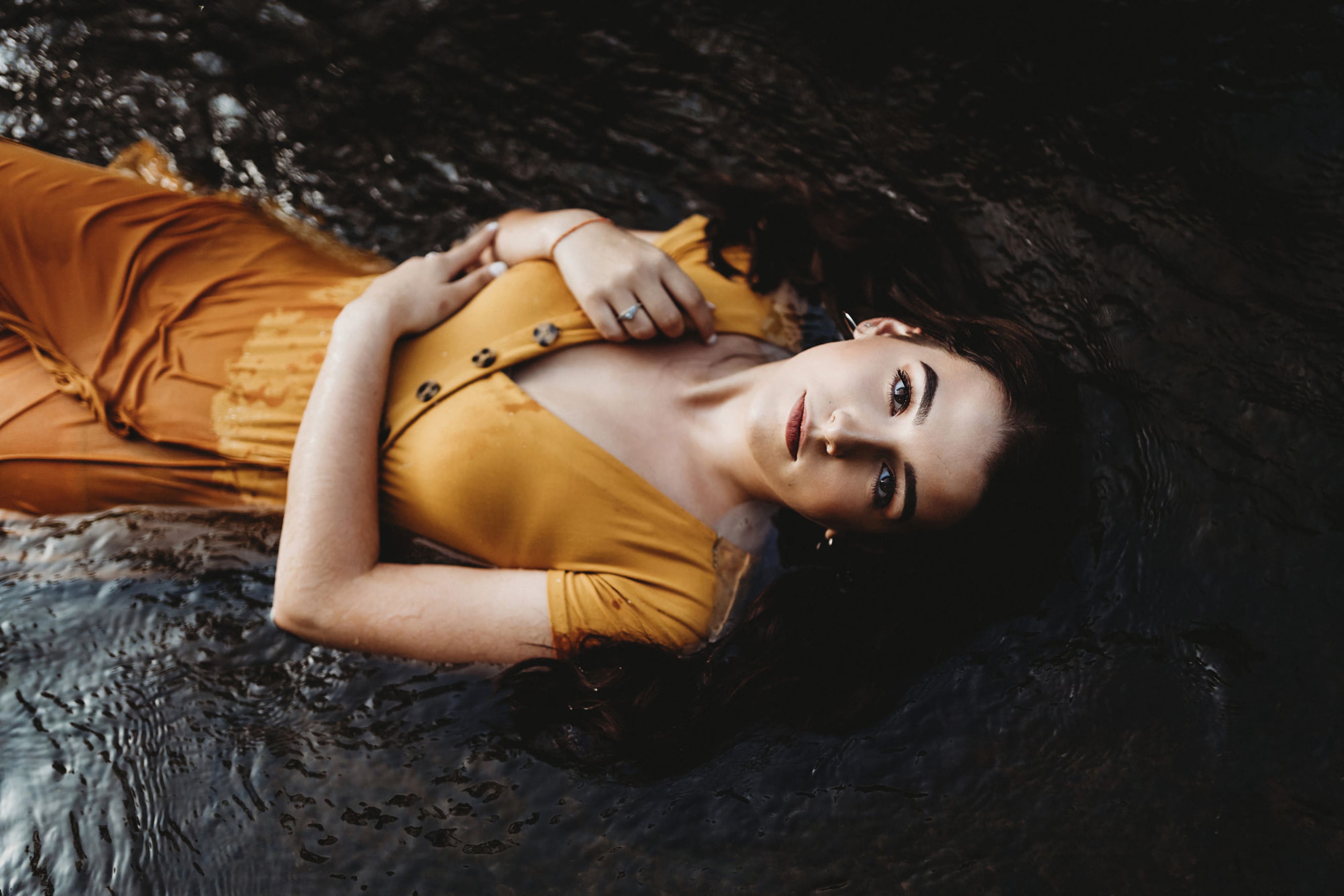 Girl Lying Down Orange Dress 4k 2048x1152 Resolution HD 4k Wallpaper, Image, Background, Photo and Picture