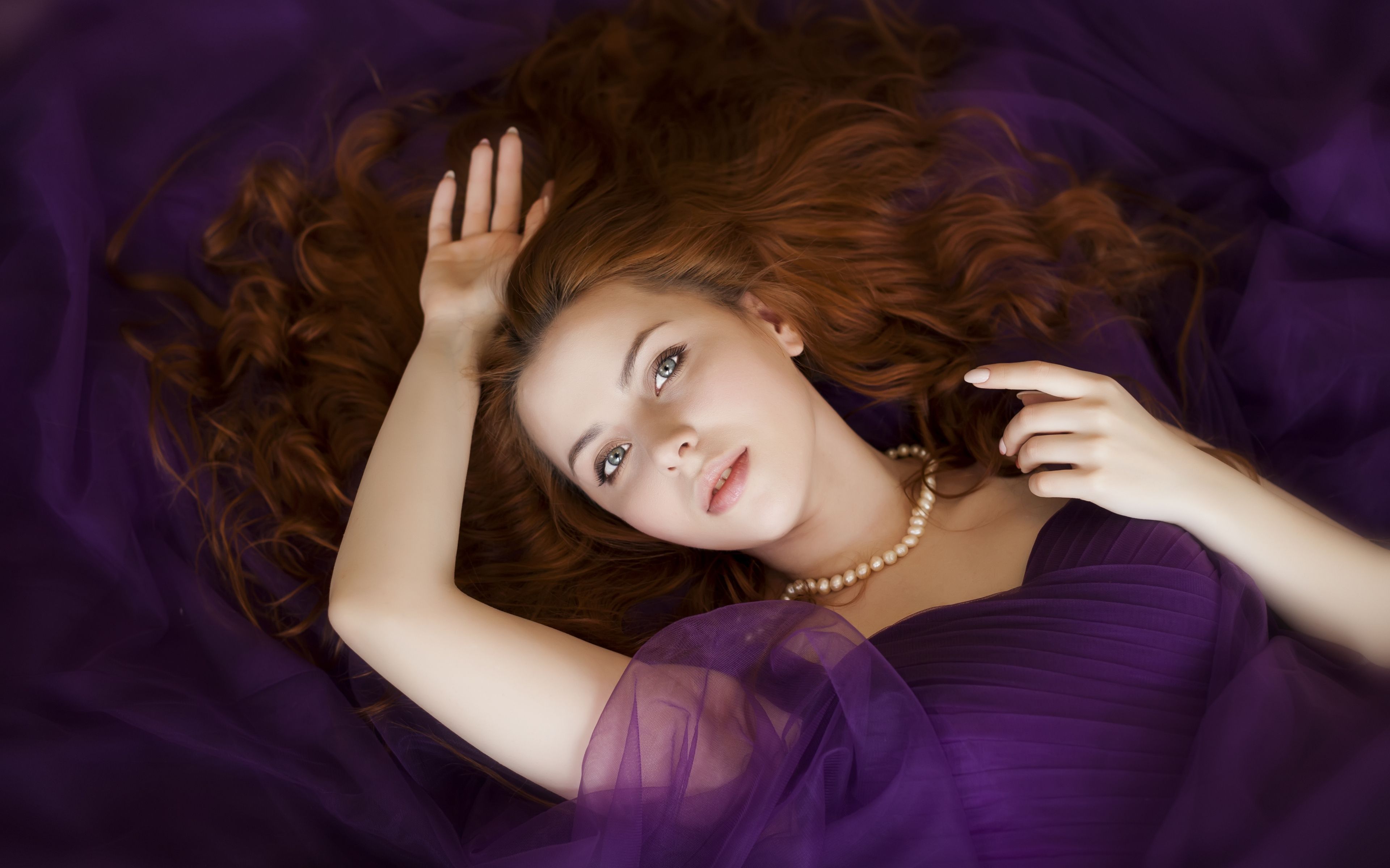 Download 3840x2400 wallpaper red head, woman lying, down, purple dress, , 4k, ultra HD 16:10, widescreen, 3840x2400 HD image, background, 5695