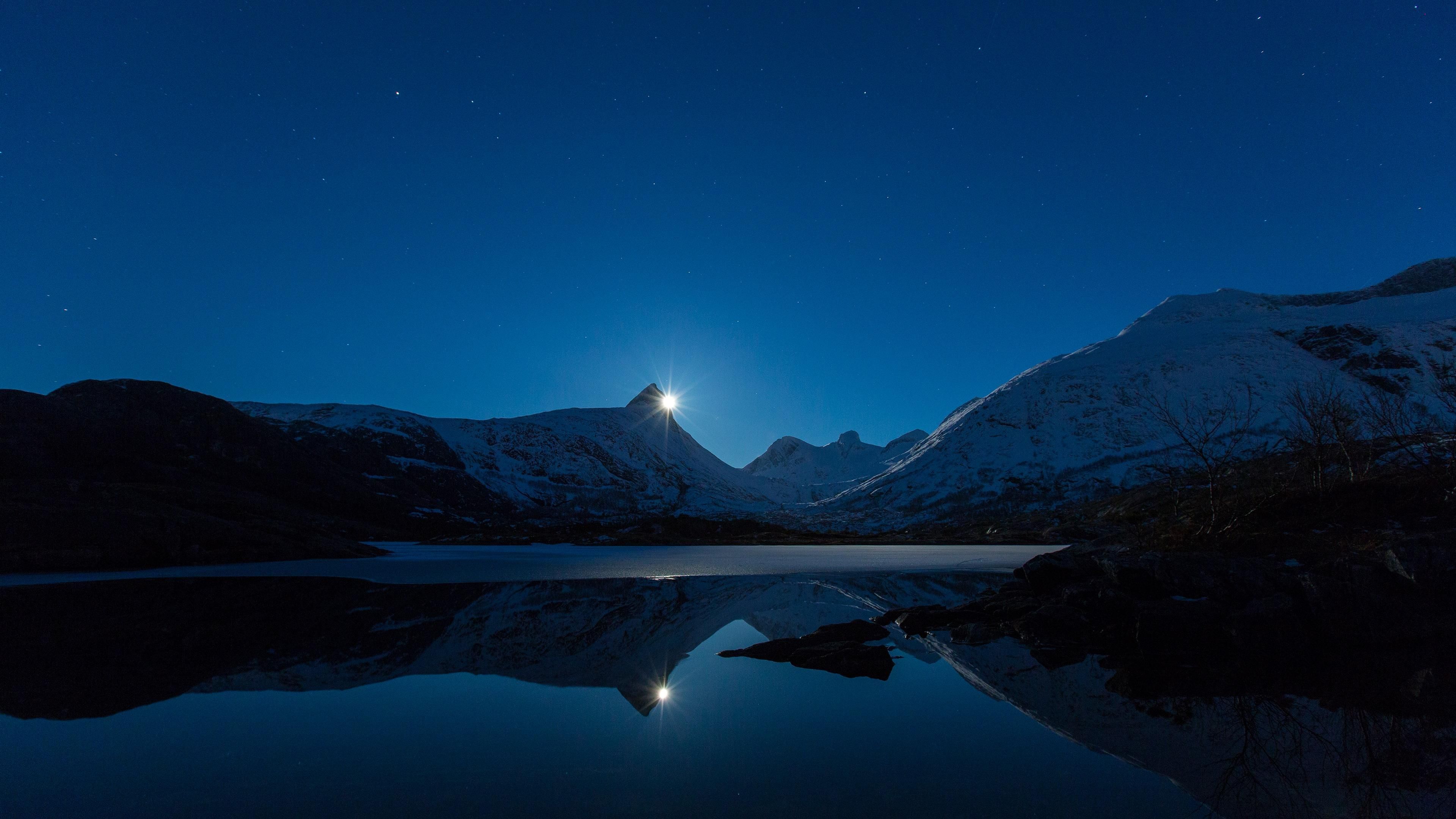 Moon Shining Over Snowy Mountain Lake 4K wallpaper. Mountain wallpaper, Scenic photo, Alaska wallpaper
