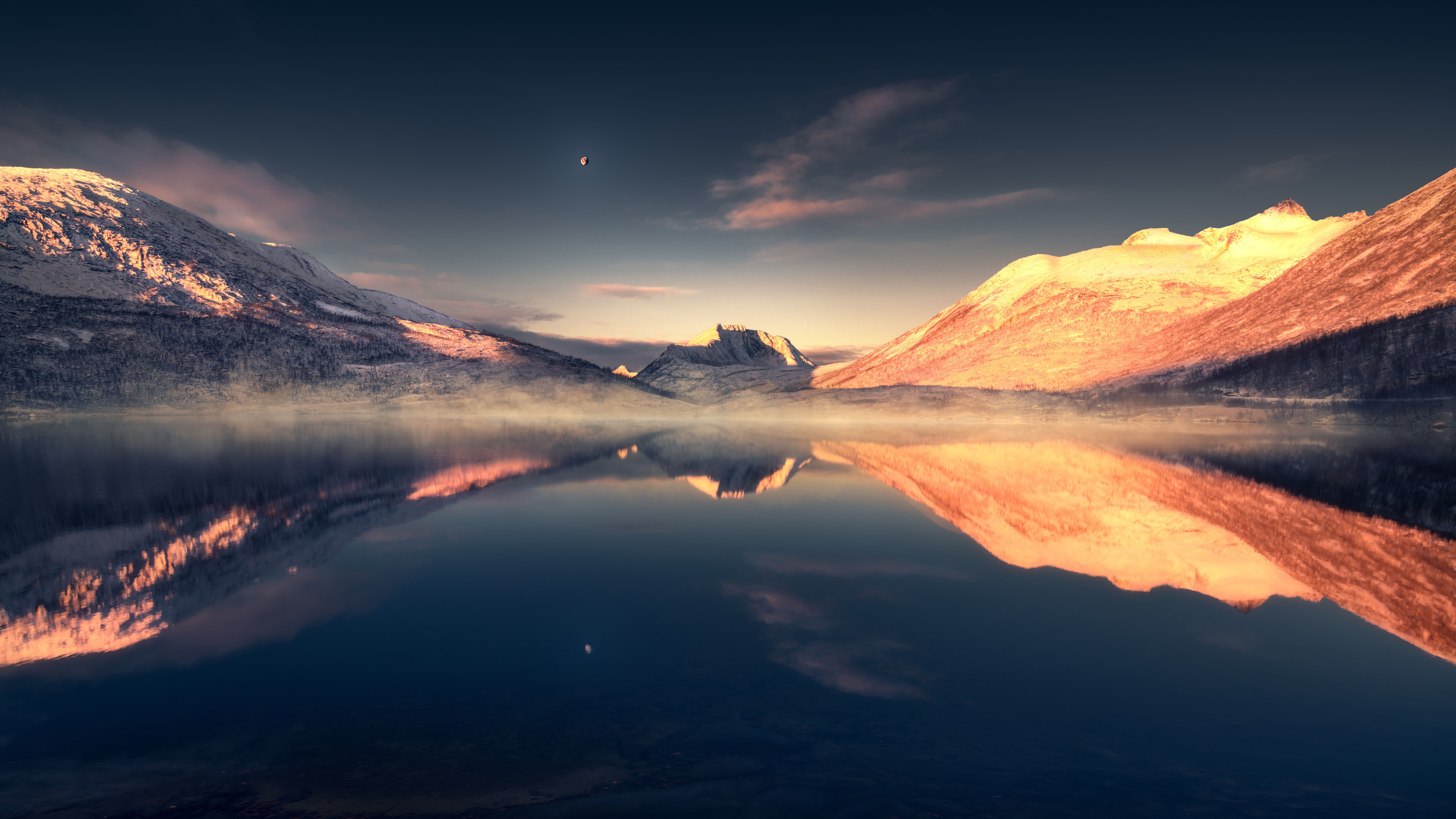 Mountains 4K Wallpaper, Lake, Evening, Reflection, Scenery, Tranquility, Moon, Landscape, Nature