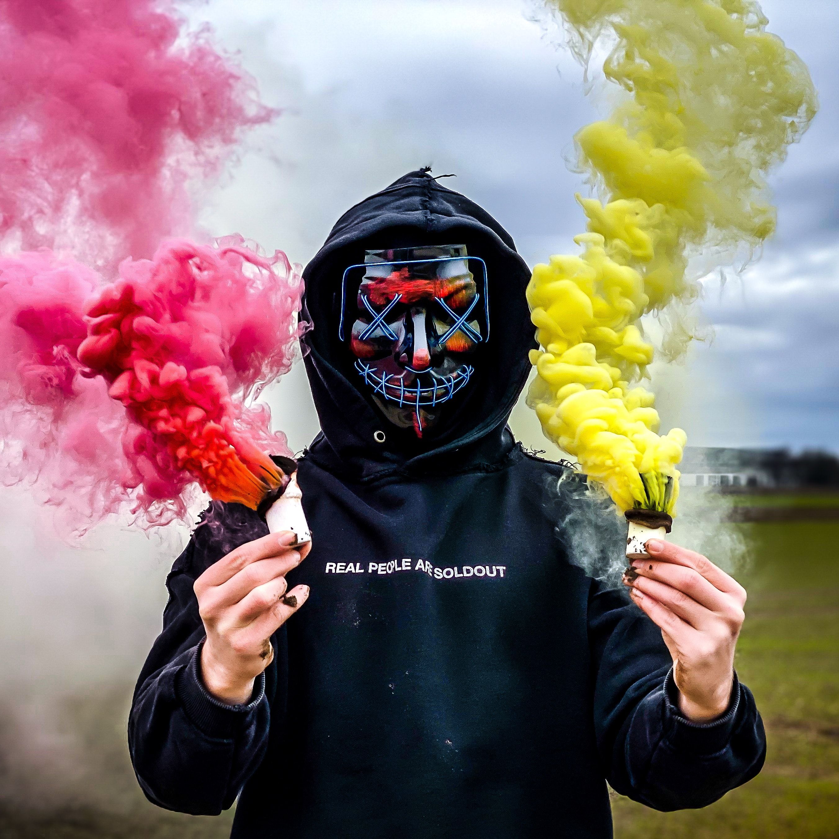 Free of 3D neon hacker mask, color smoke bombs, halloween