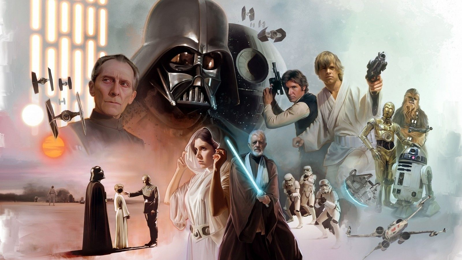 Download 1600x900 Star Wars, Darth Vader, Luke Skywalker, Stormtrooper, Chewbacca, Artwork Wallpaper