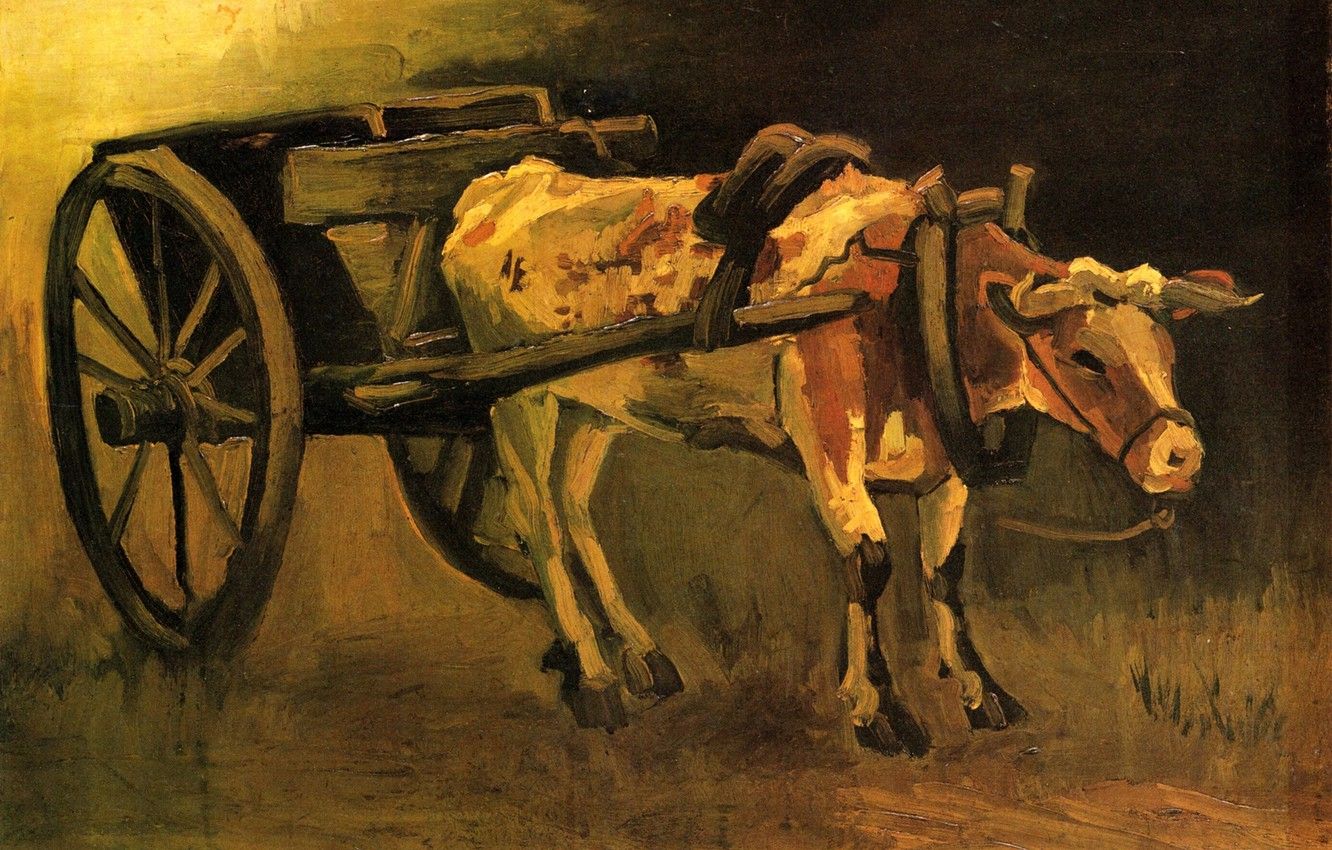 Wallpaper wagon, bull, Vincent van Gogh, Cart with Red and White Ox image for desktop, section живопись