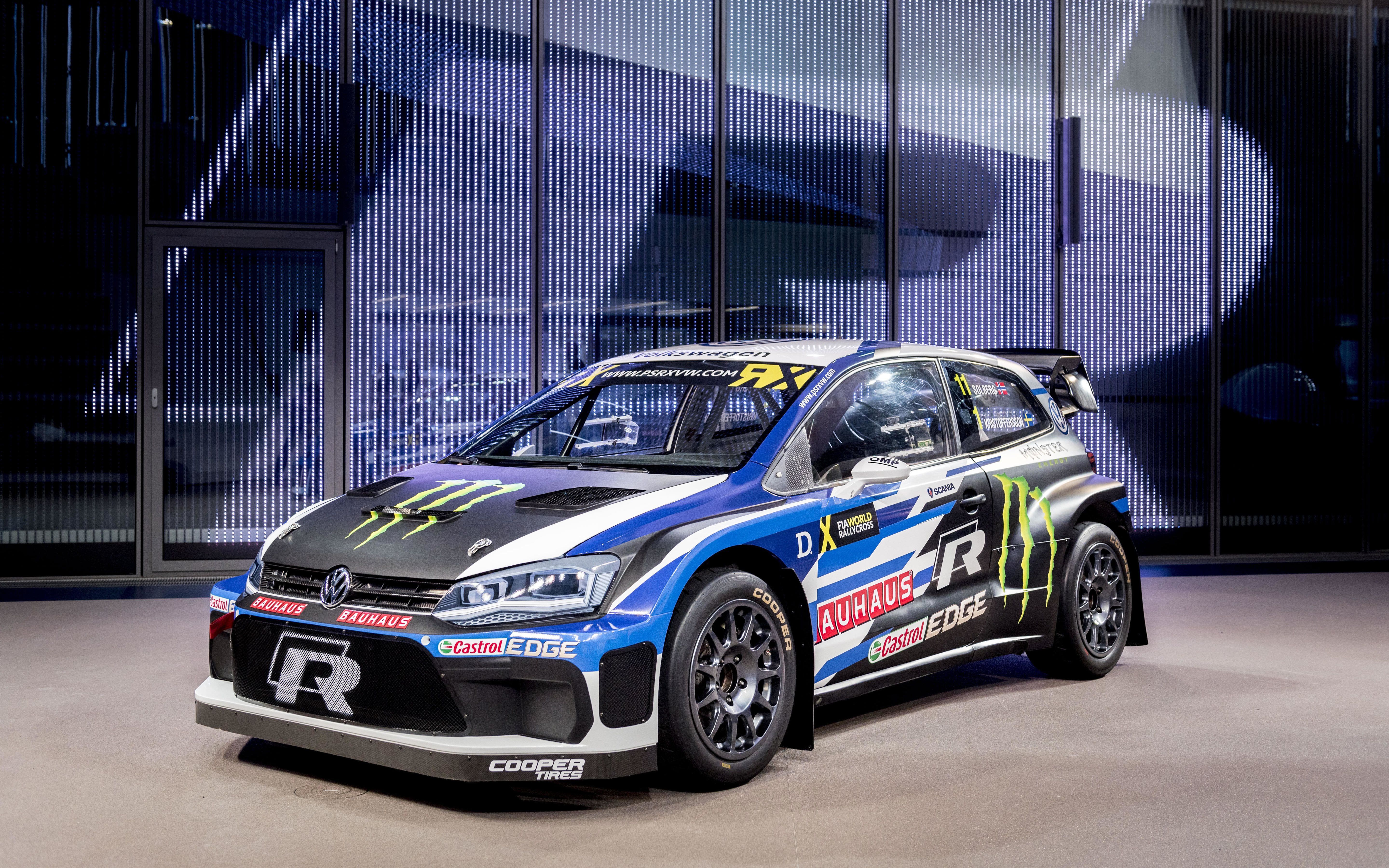 Download wallpaper Volkswagen Polo R, 2018, WRX, FIA World Rallycross, 4k, presentation, rally new Polo, rally, Volkswagen for desktop with resolution 5760x3600. High Quality HD picture wallpaper
