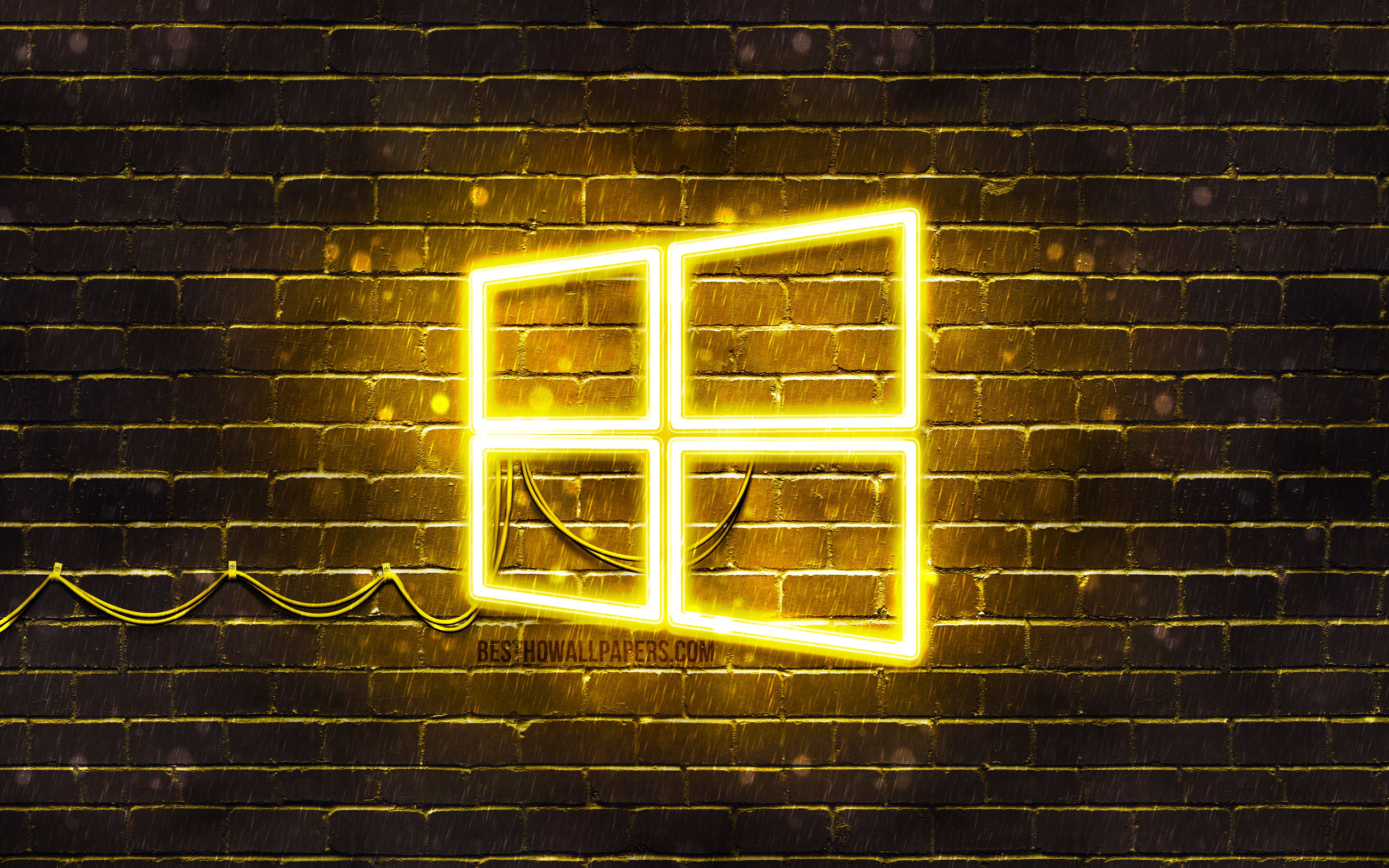 Windows 10 Yellow Logo, 4k, Yellow Brickwall, Windows Windows 10 Wallpaper 4k