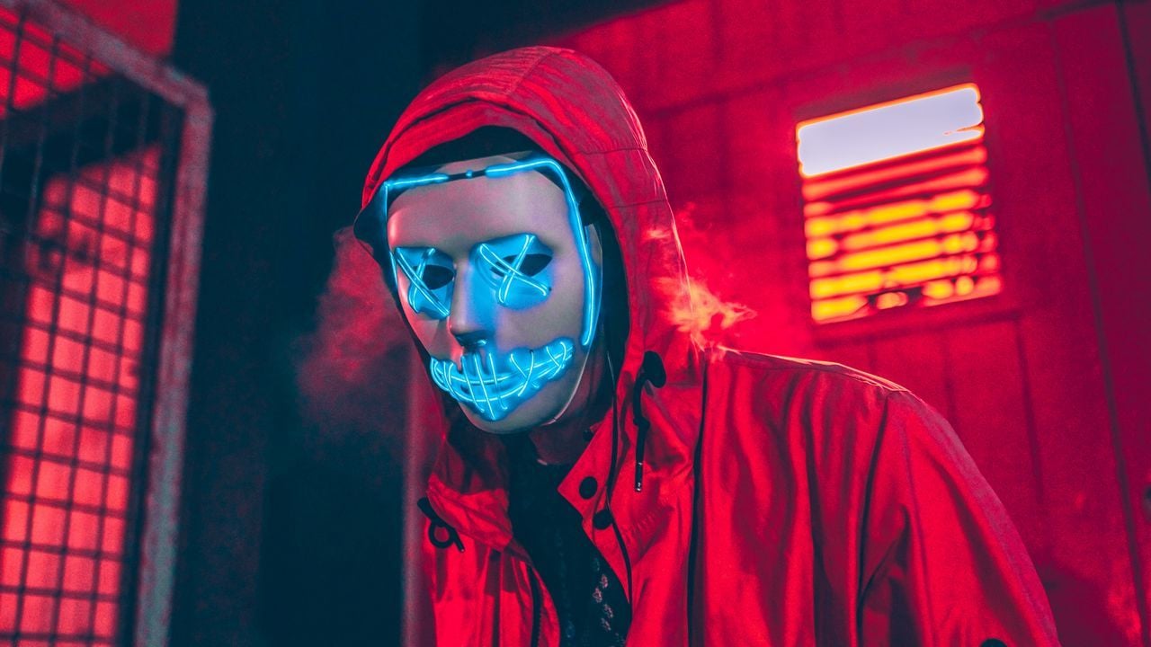 Download wallpapers 1280x720 neon mask, mask, man, hood, red hd, hdv, 720p hd backgrounds