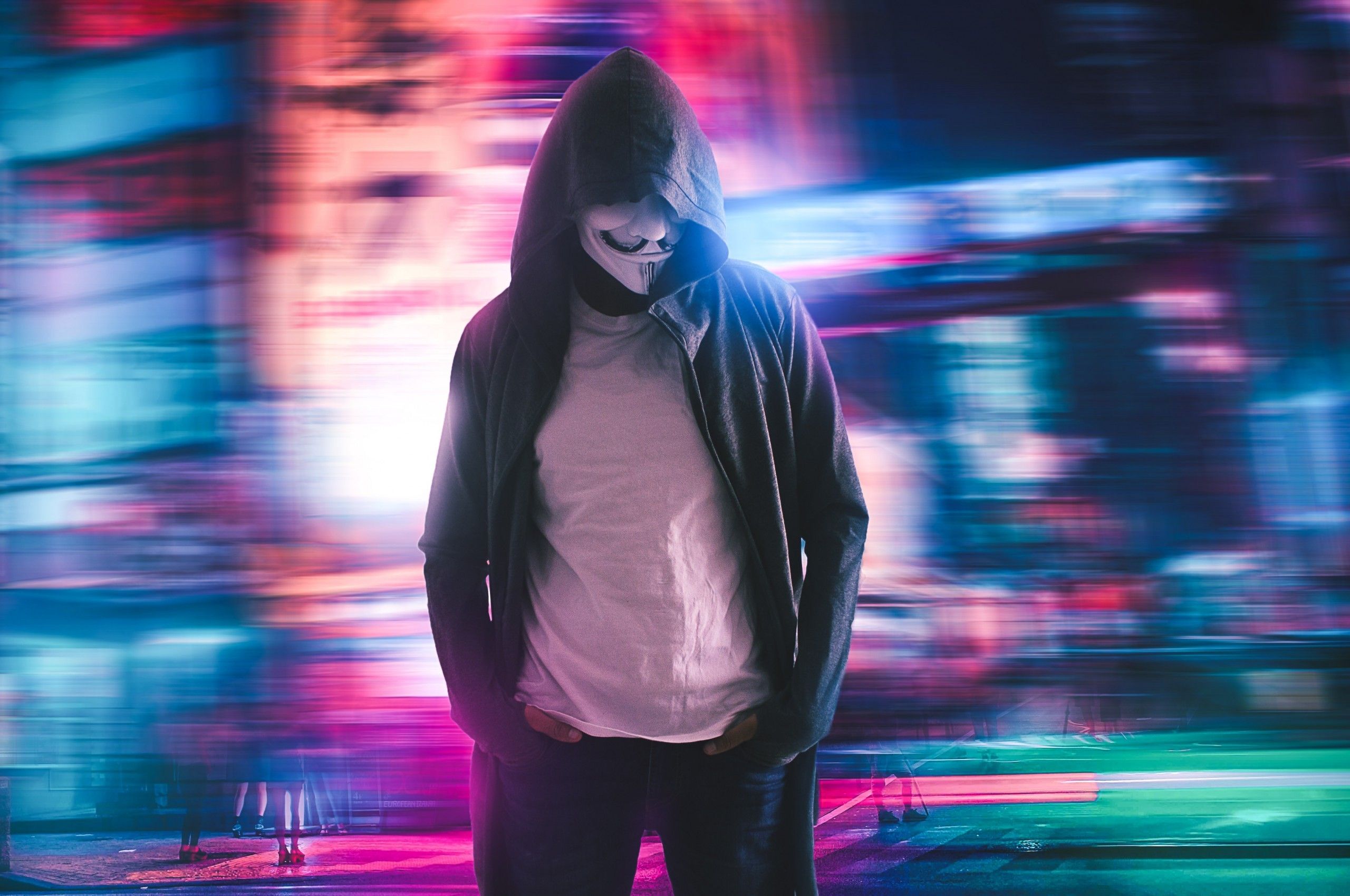 Download 2560x1700 Masked Man, Anonymous, Hoodie, Hacker, Neon City Wallpapers for Chromebook Pixel