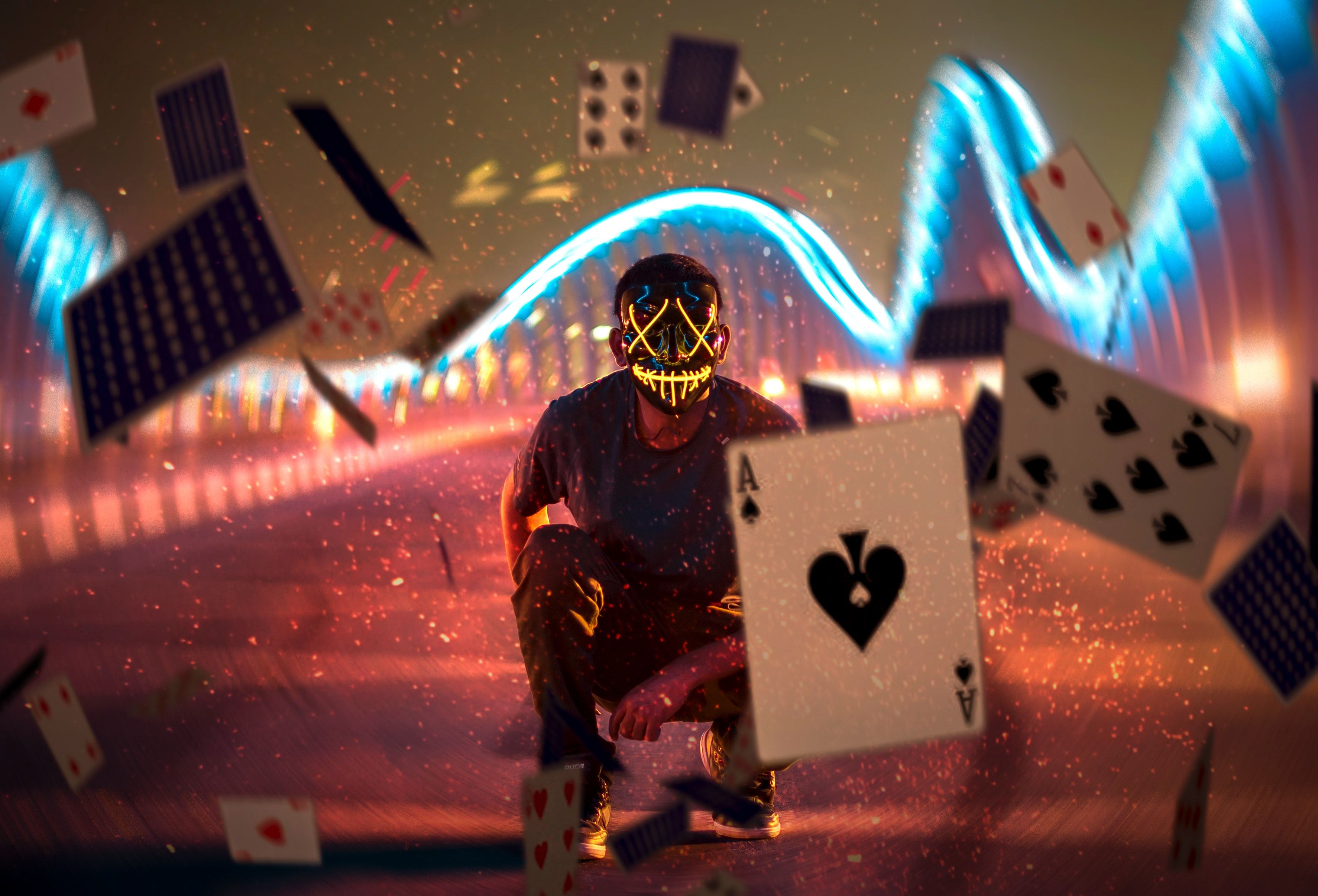 Motion Blur People Mask Men Magic Cards Aces Creativity Floating Lights Long Exposure Neon Lights Ni Wallpapers