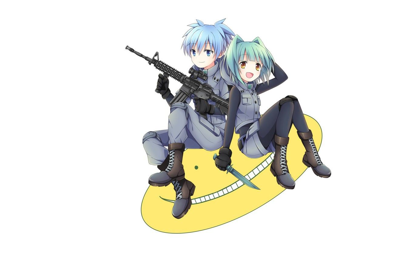 Wallpaper smile, shoes, machine, white background, dagger, blue hair, art, military uniform, sitting, The class assassins, Ansatsu Kyoushitsu, Koro Sensei, the guy with the girl, Nagisa Shiota, Soranagi, Kayano Kaede image for