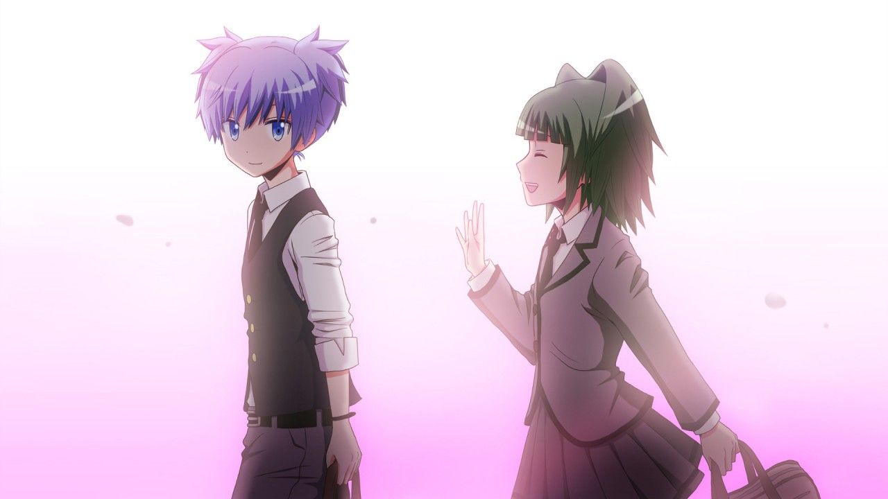 Kaede Kayano Nagisa Shiota In White Purple Background HD Assassination Classroom Wallpaper