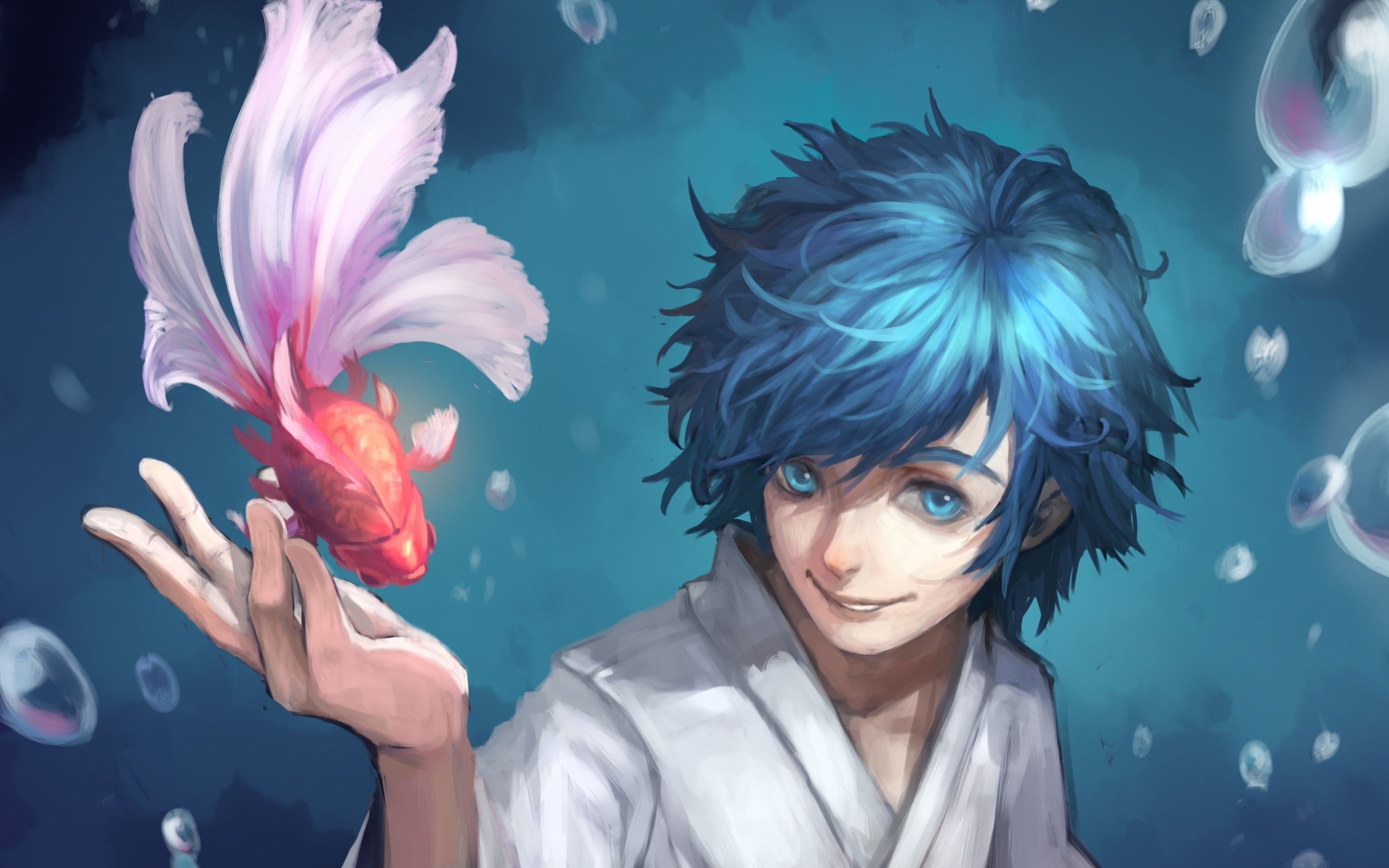 Download Wallpaper 3840x2400 Vocaloid, Kaito, Kimono, Art, Goldfish Ultra HD 4K HD Background. Anime, Vocaloid, Art