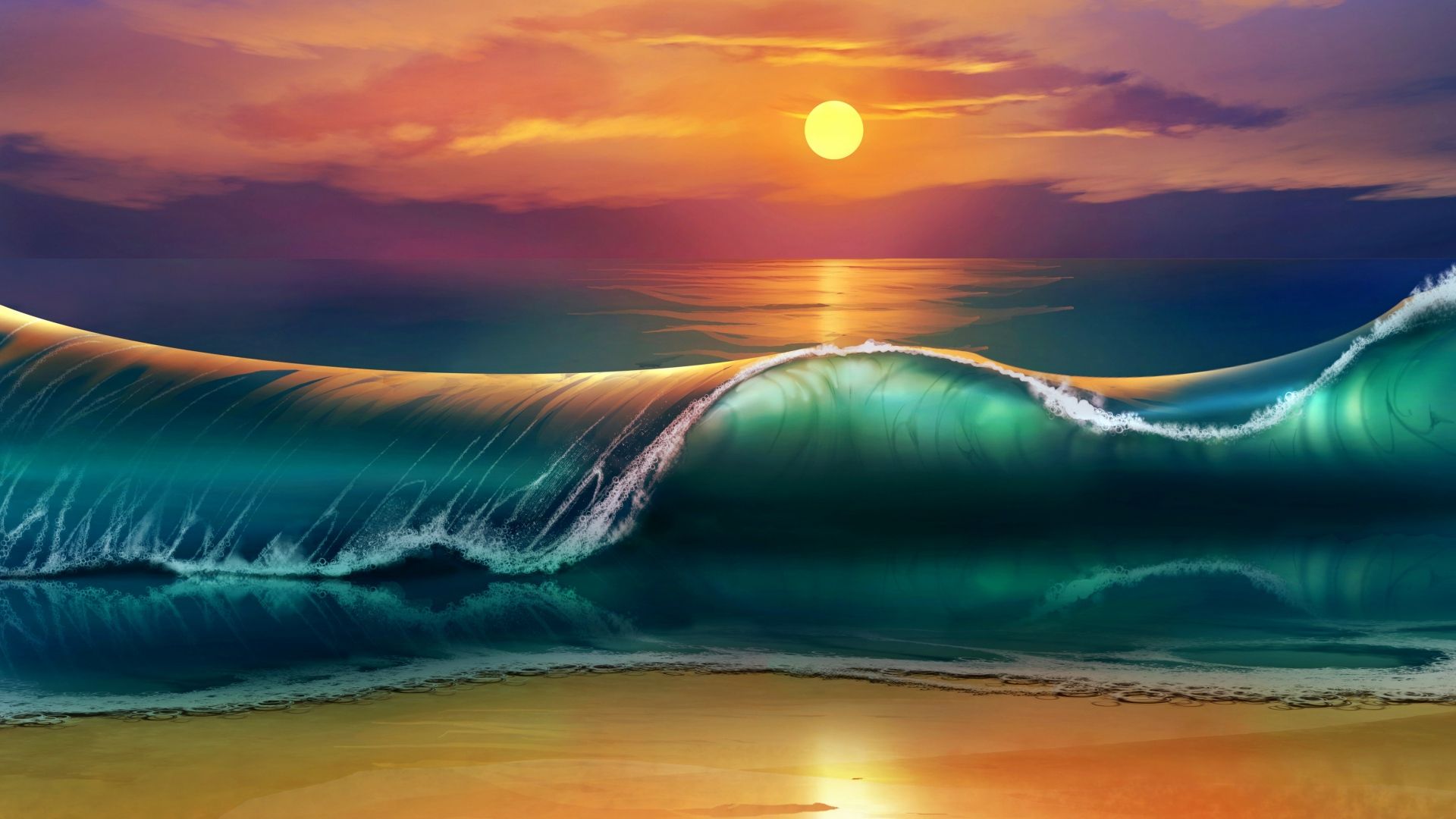 Download 1920x1080 HD Wallpaper giant wave sunset romantic beach drawn picture, Desktop Background HD
